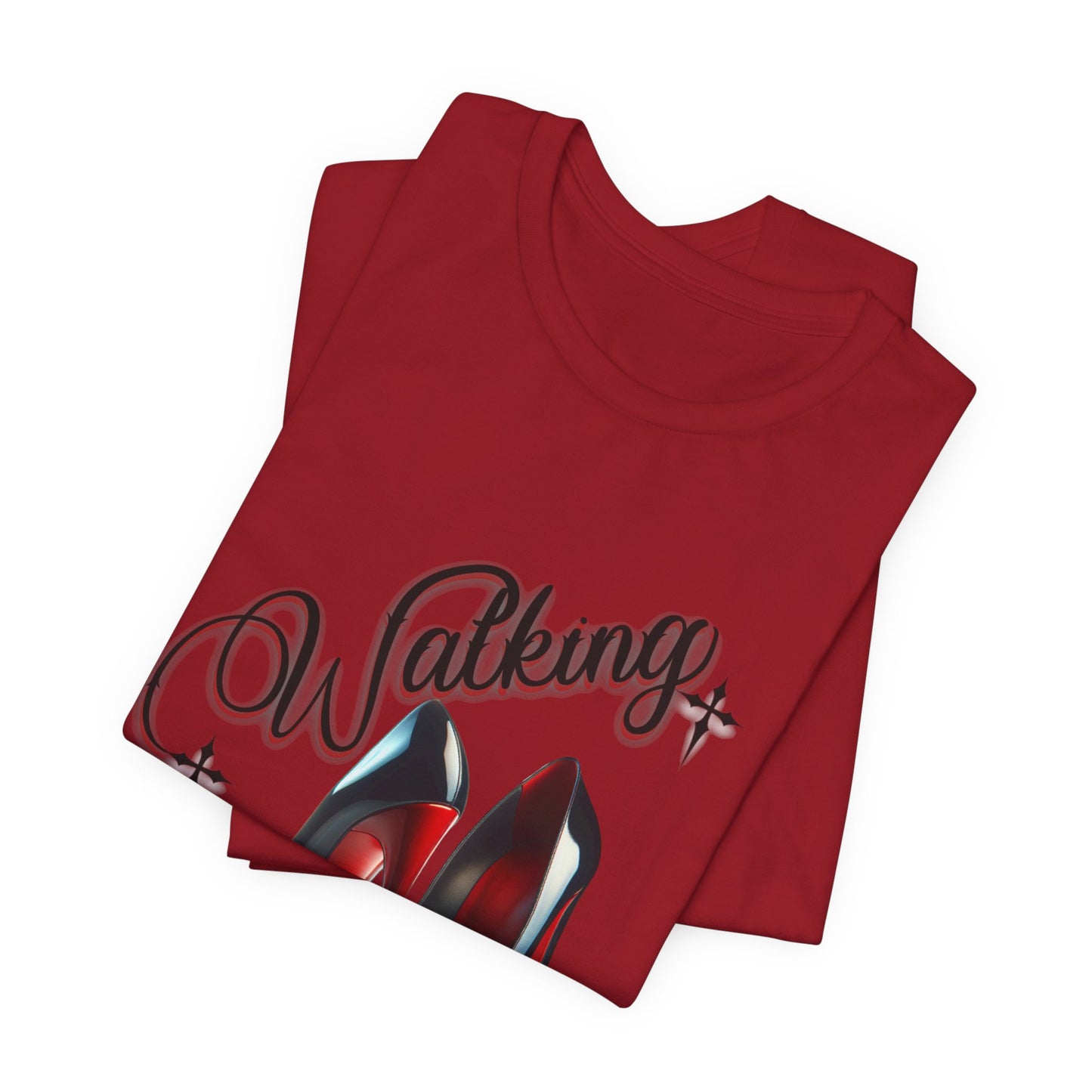 Walking by Faith Graphic Tee, Inspirational Unisex Jersey Short Sleeve T-Shirt, Faithful Footsteps in Red Bottom Shoes, Louboutin Shoe Graphic Religious Tee