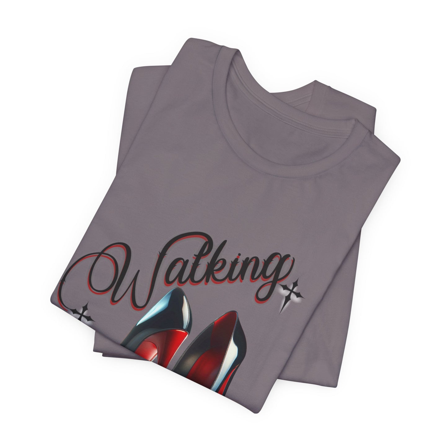 Walking by Faith Graphic Tee, Inspirational Unisex Jersey Short Sleeve T-Shirt, Faithful Footsteps in Red Bottom Shoes, Louboutin Shoe Graphic Religious Tee