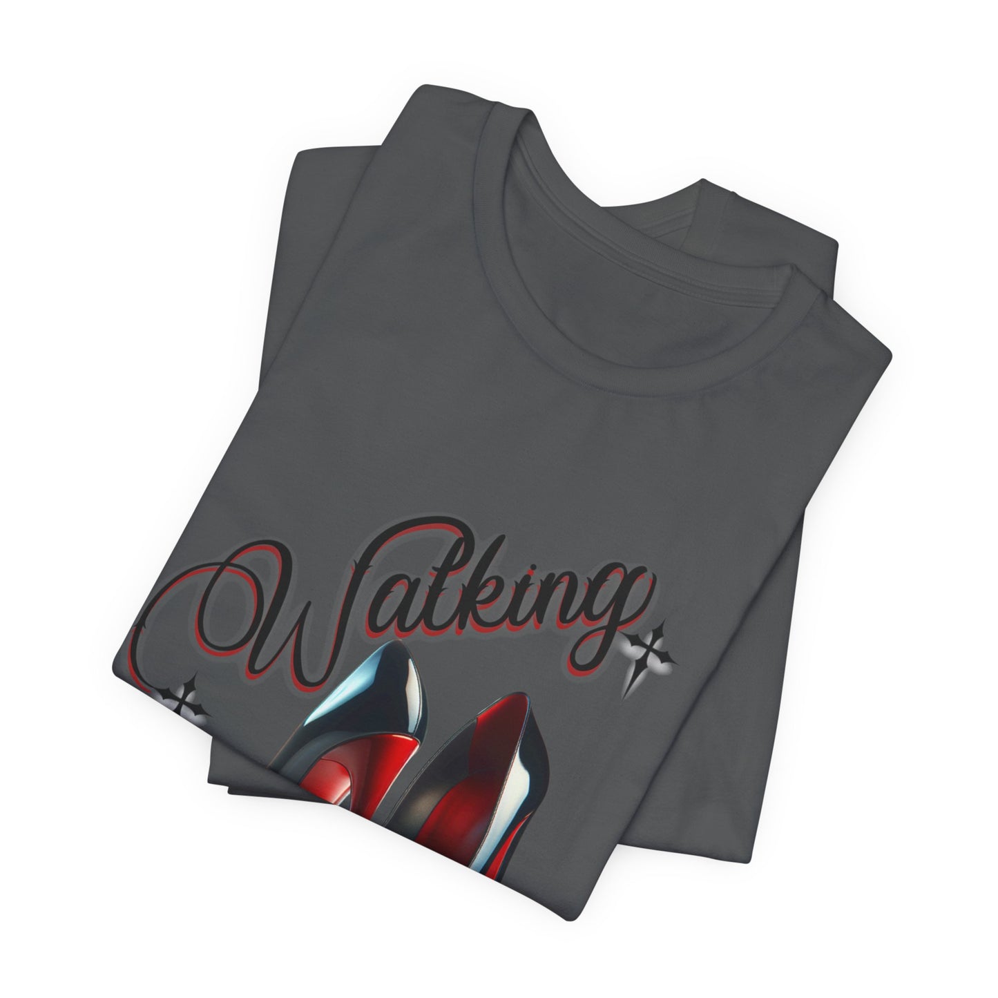 Walking by Faith Graphic Tee, Inspirational Unisex Jersey Short Sleeve T-Shirt, Faithful Footsteps in Red Bottom Shoes, Louboutin Shoe Graphic Religious Tee