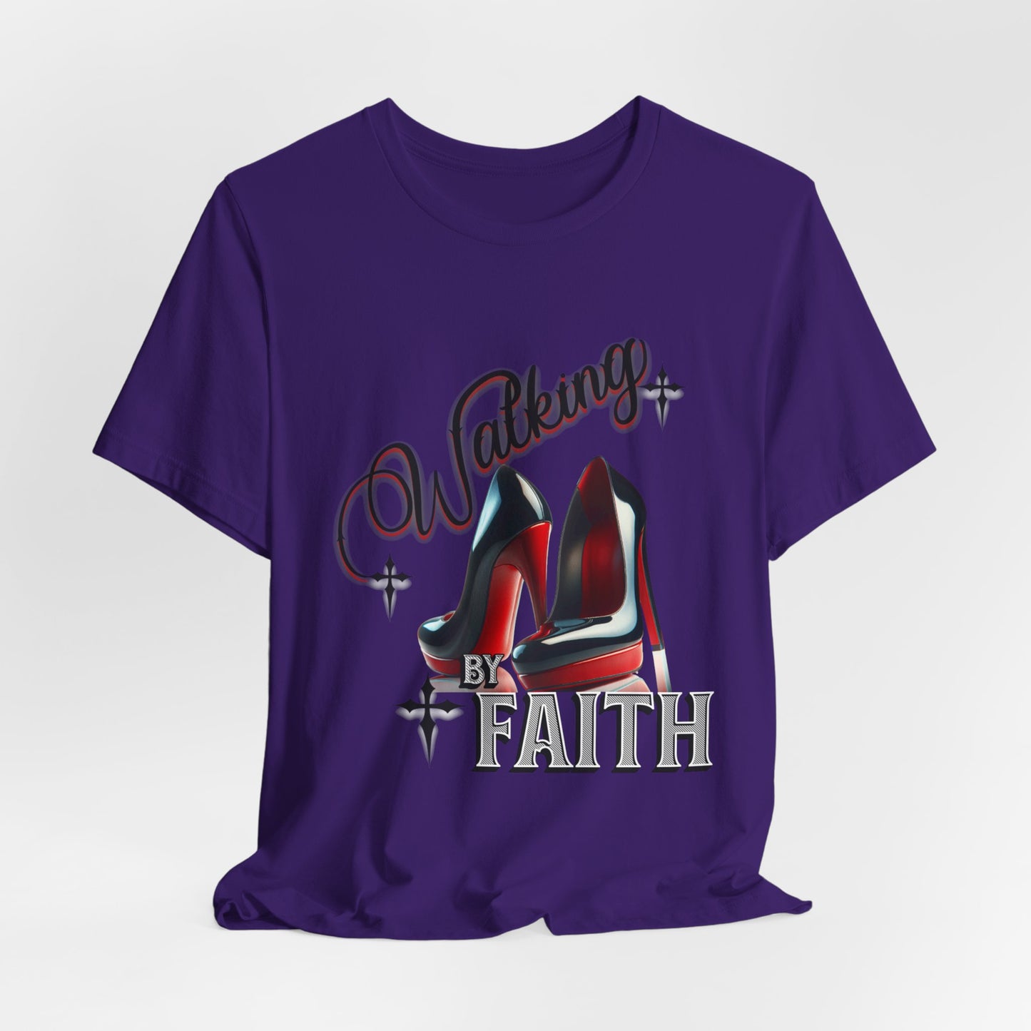 Walking by Faith Graphic Tee, Inspirational Unisex Jersey Short Sleeve T-Shirt, Faithful Footsteps in Red Bottom Shoes, Louboutin Shoe Graphic Religious Tee