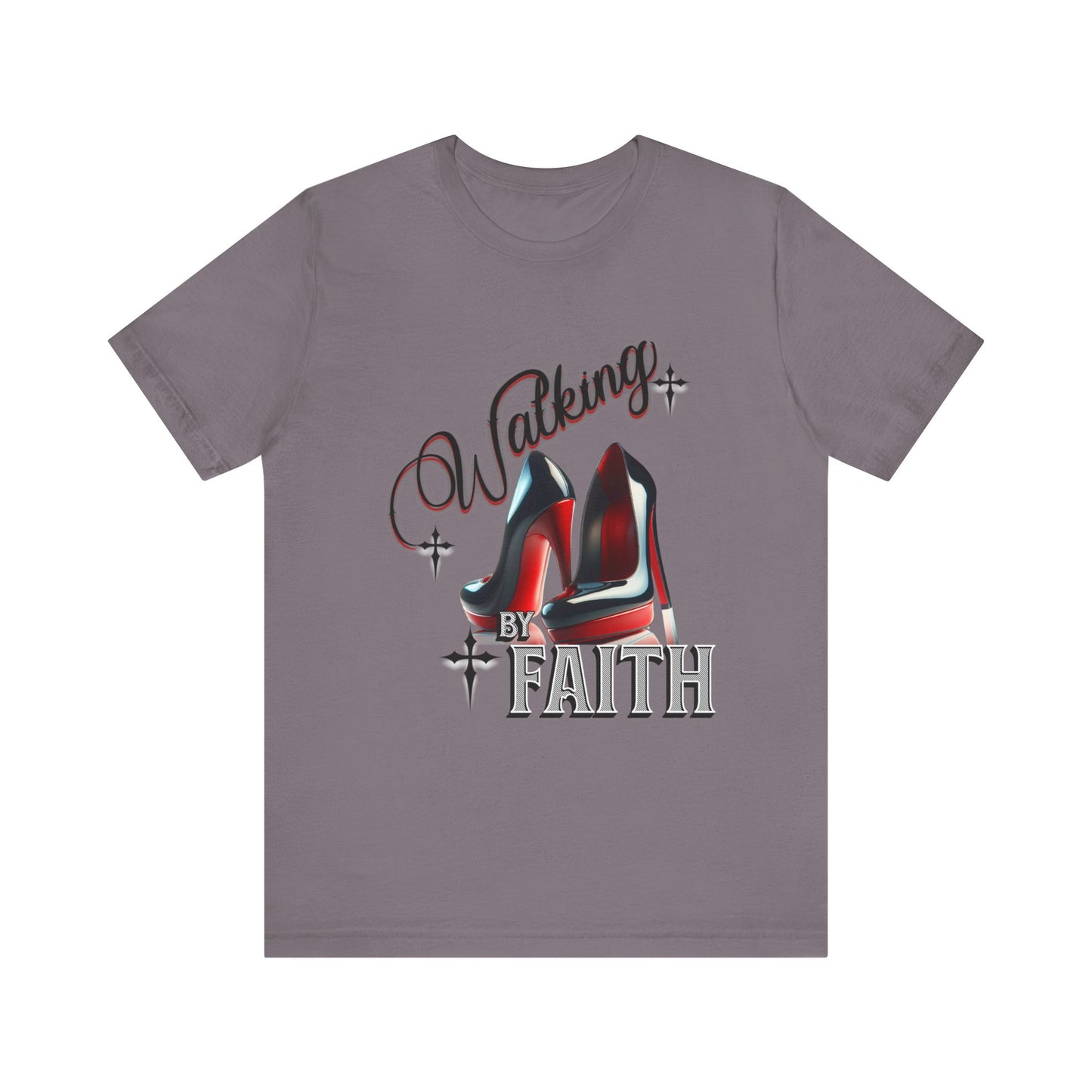 Walking by Faith Graphic Tee, Inspirational Unisex Jersey Short Sleeve T-Shirt, Faithful Footsteps in Red Bottom Shoes, Louboutin Shoe Graphic Religious Tee
