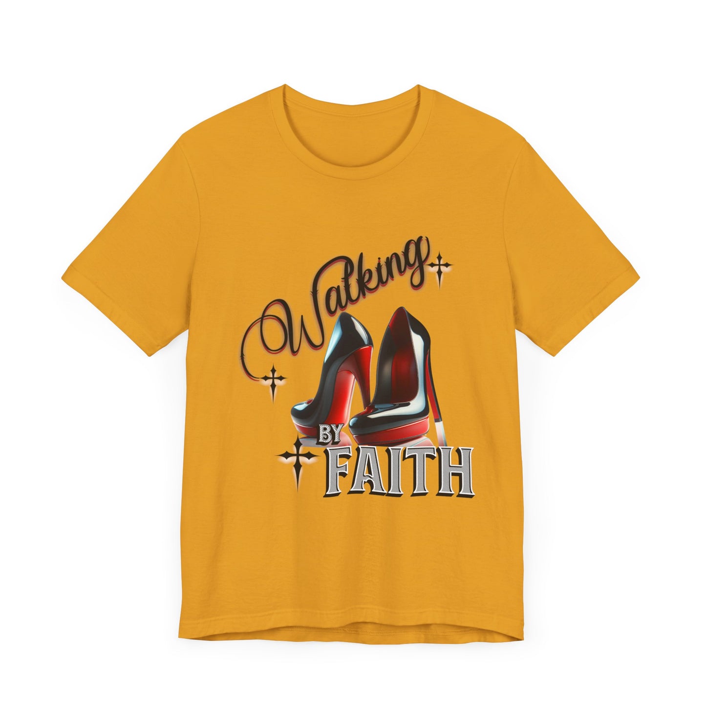 Walking by Faith Graphic Tee, Inspirational Unisex Jersey Short Sleeve T-Shirt, Faithful Footsteps in Red Bottom Shoes, Louboutin Shoe Graphic Religious Tee