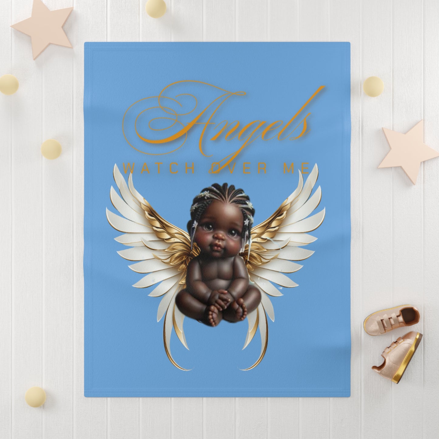 Angels Watch Over Me Baby Blanket - Soft Fleece Nursery Décor, Beautiful Baby Shoer Gift, Black Angel Baby Blanket, Light Blue Baby Shower Gifts