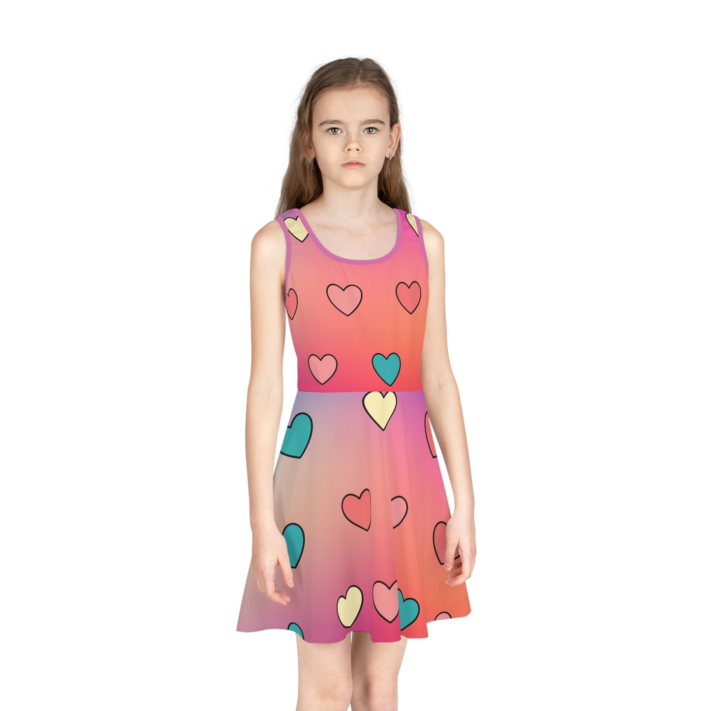 Colorful Heart Print Girls' Sleeveless Sundress, Perfect for Summer Parties from Size 2T - 6T, Cute Colorful Girls Sundress,