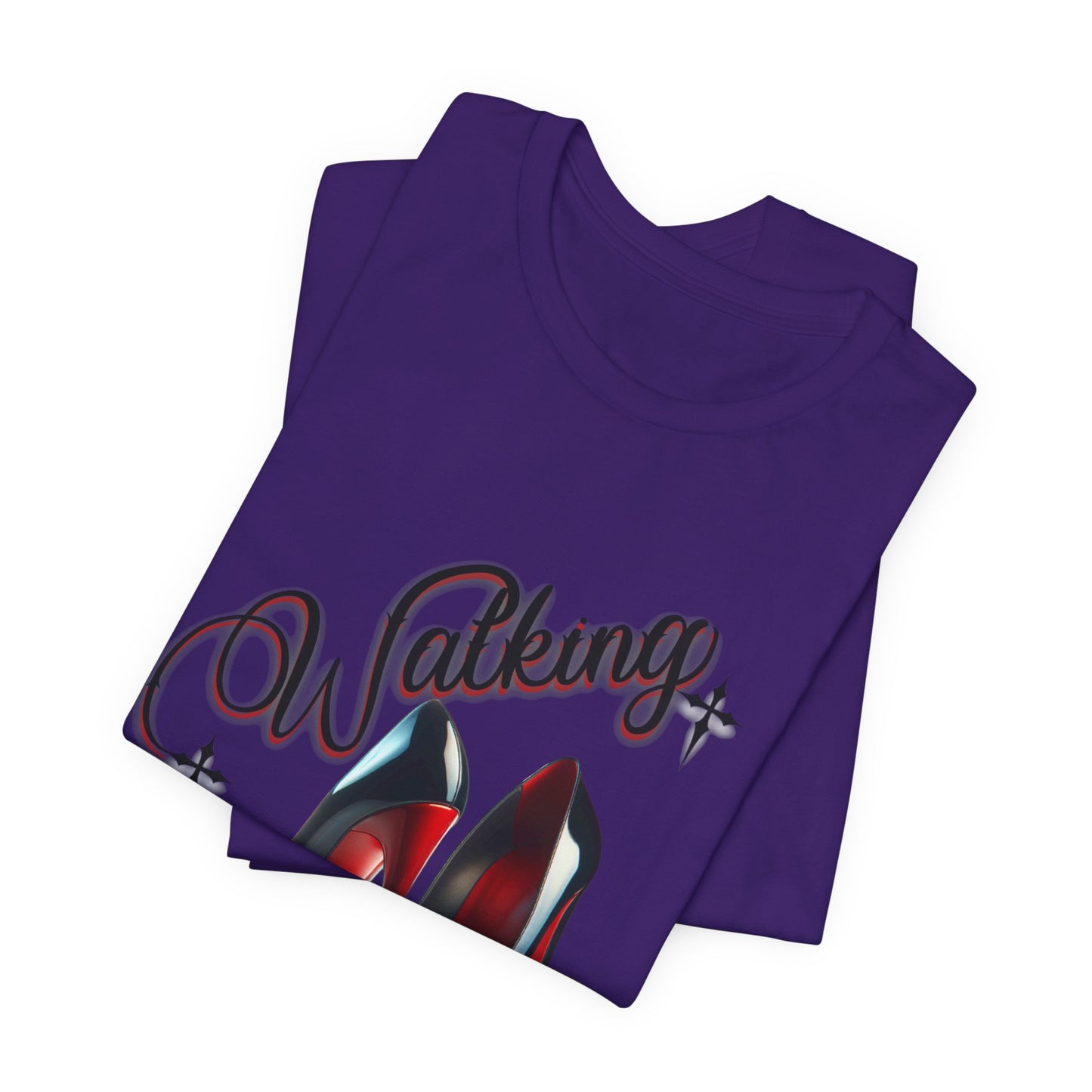 Walking by Faith Graphic Tee, Inspirational Unisex Jersey Short Sleeve T-Shirt, Faithful Footsteps in Red Bottom Shoes, Louboutin Shoe Graphic Religious Tee