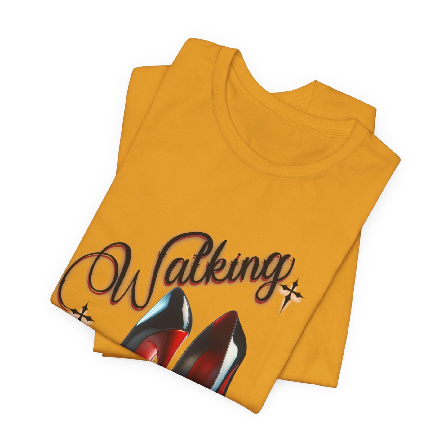 Walking by Faith Graphic Tee, Inspirational Unisex Jersey Short Sleeve T-Shirt, Faithful Footsteps in Red Bottom Shoes, Louboutin Shoe Graphic Religious Tee