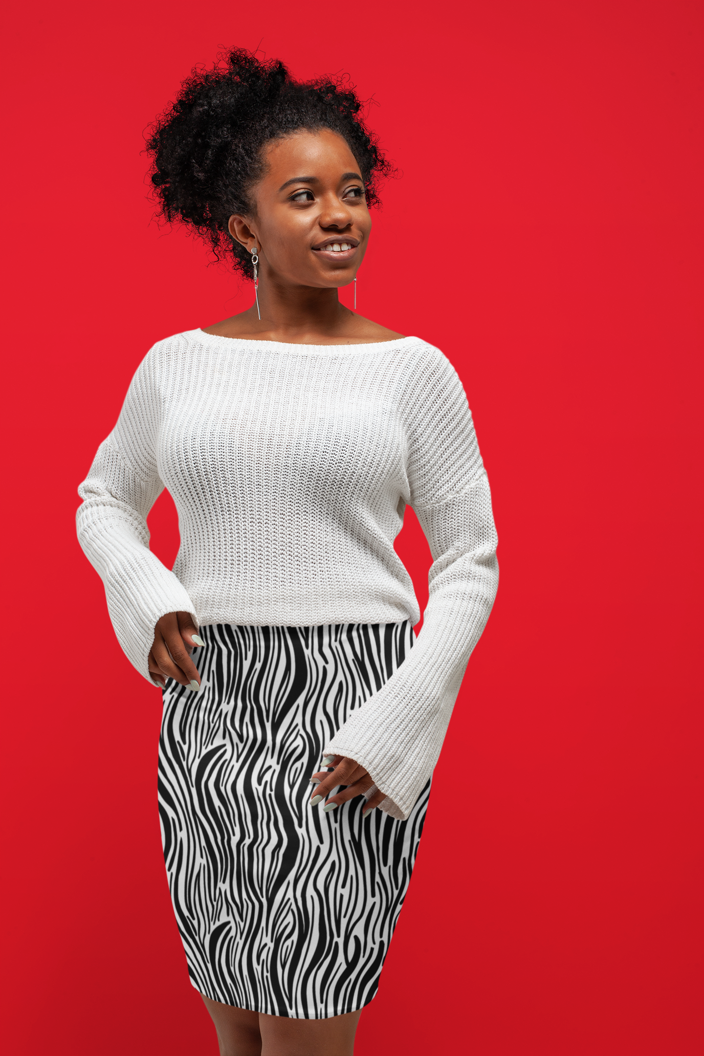 Women's Black & White Zebra Print Mid-Waist Pencil Skirt, Dress it Up or Dress it Down Zebra Print T-Shirt Skirt