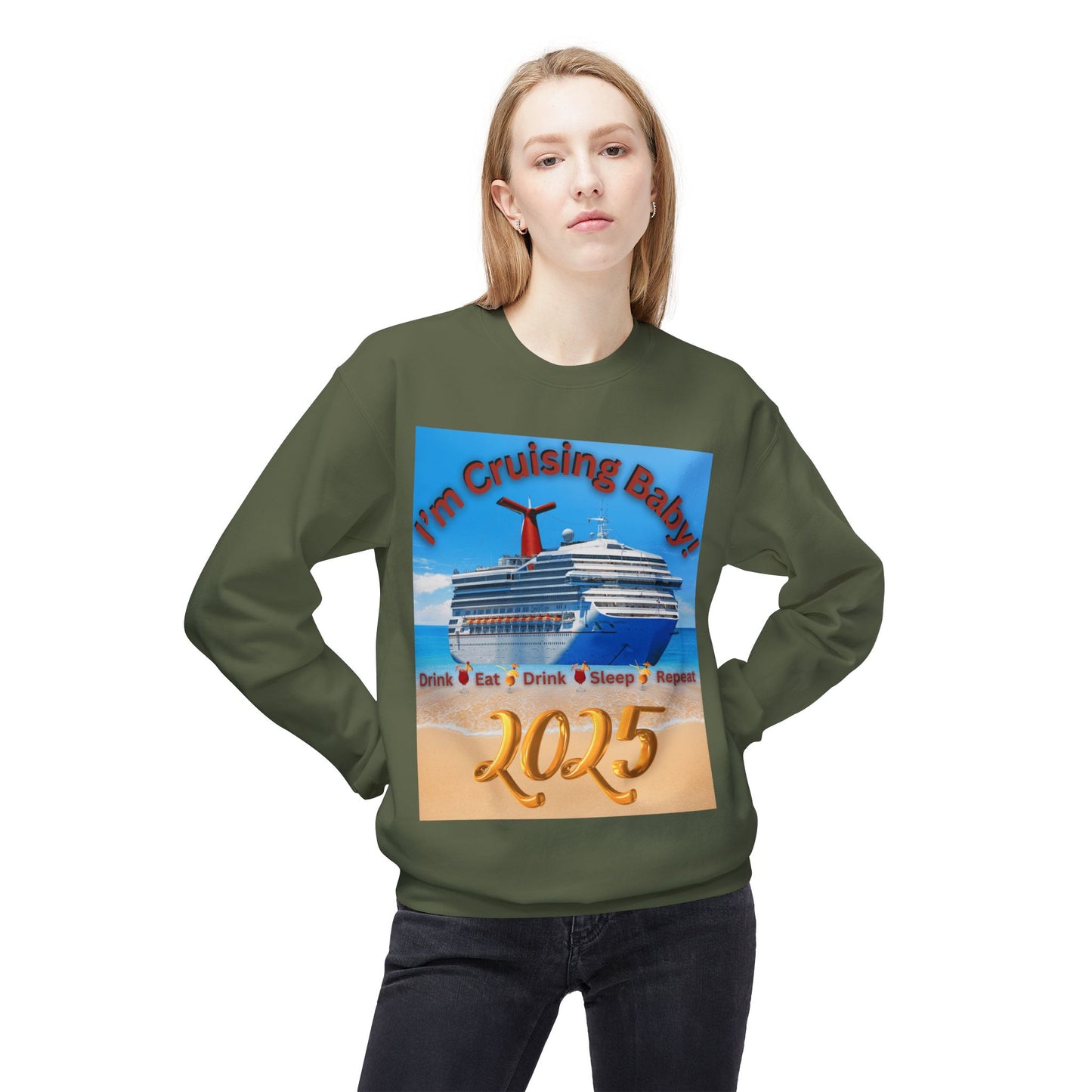"I'm Cruising 2025" Unisex Midweight Soft Style Fleece Crewneck Sweatshirt, Unisex Cruise Shirts, Men and Women Cruise Shirts