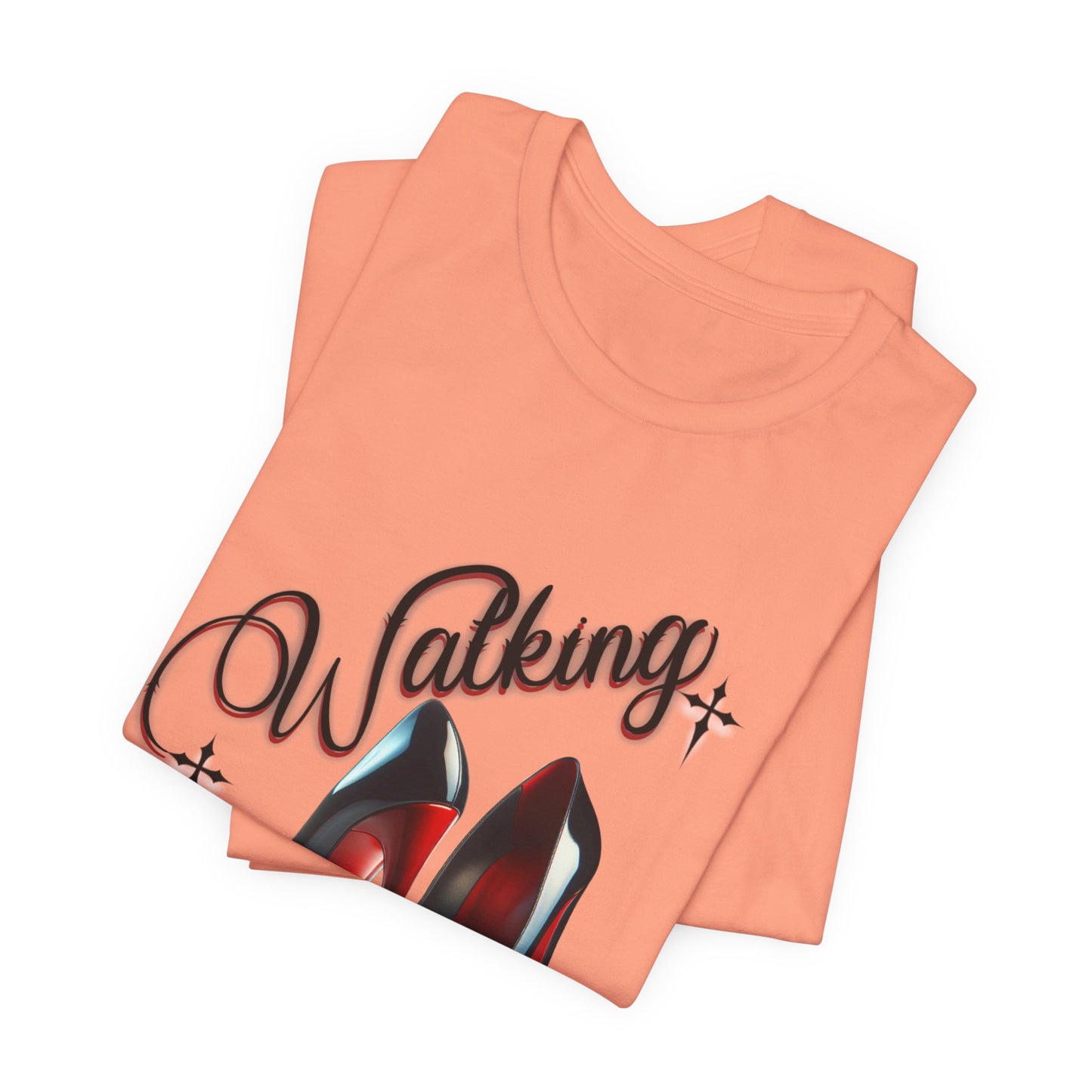 Walking by Faith Graphic Tee, Inspirational Unisex Jersey Short Sleeve T-Shirt, Faithful Footsteps in Red Bottom Shoes, Louboutin Shoe Graphic Religious Tee