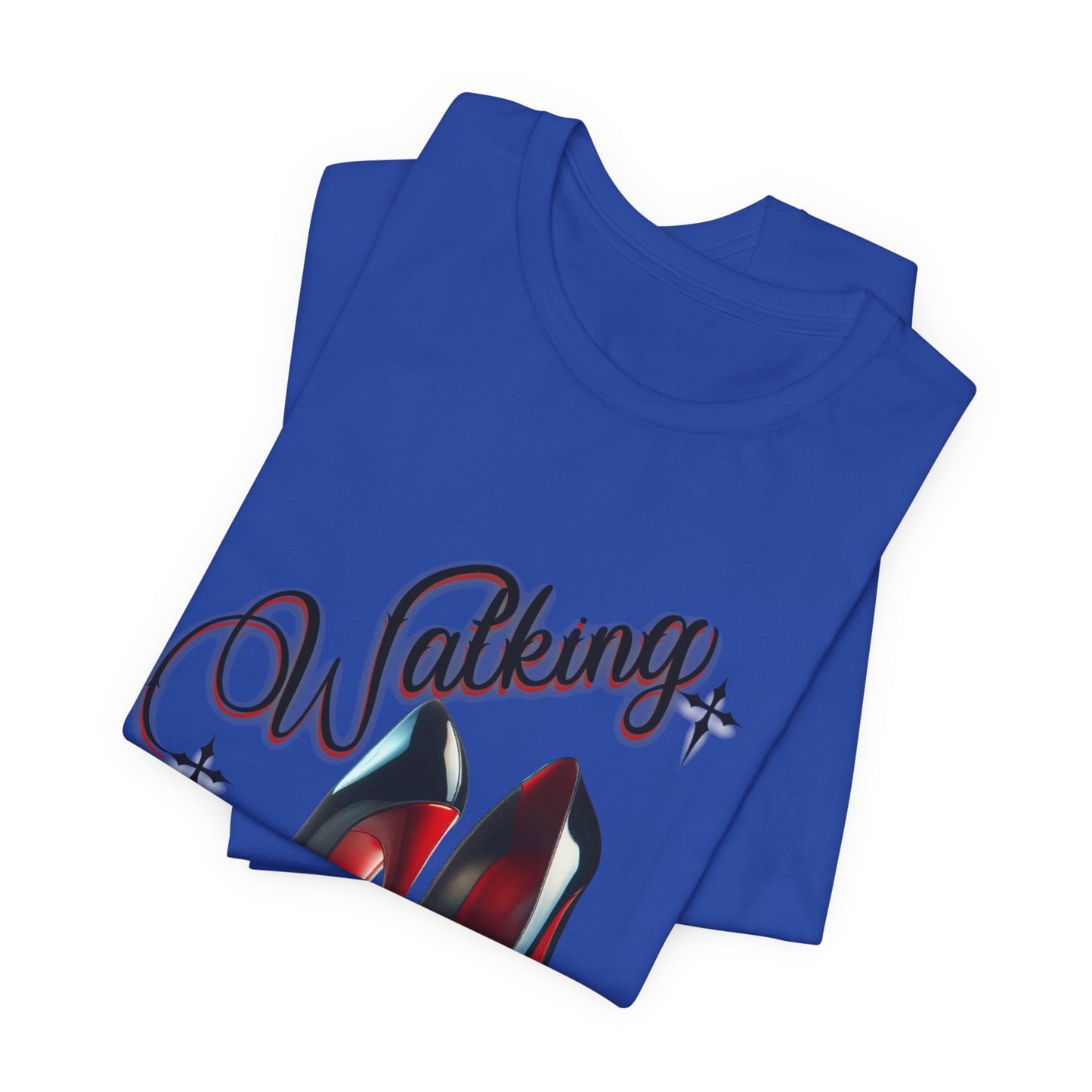 Walking by Faith Graphic Tee, Inspirational Unisex Jersey Short Sleeve T-Shirt, Faithful Footsteps in Red Bottom Shoes, Louboutin Shoe Graphic Religious Tee