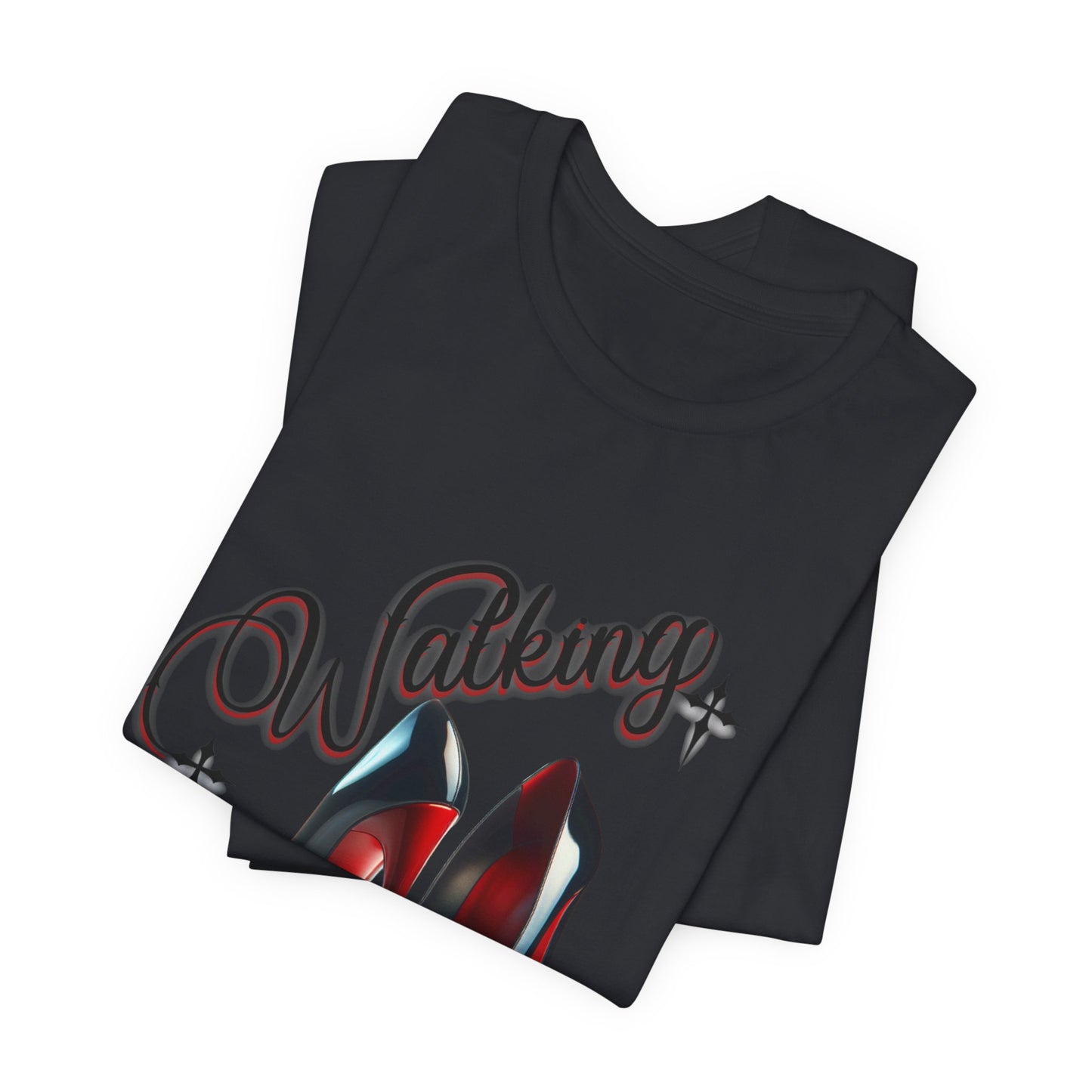 Walking by Faith Graphic Tee, Inspirational Unisex Jersey Short Sleeve T-Shirt, Faithful Footsteps in Red Bottom Shoes, Louboutin Shoe Graphic Religious Tee