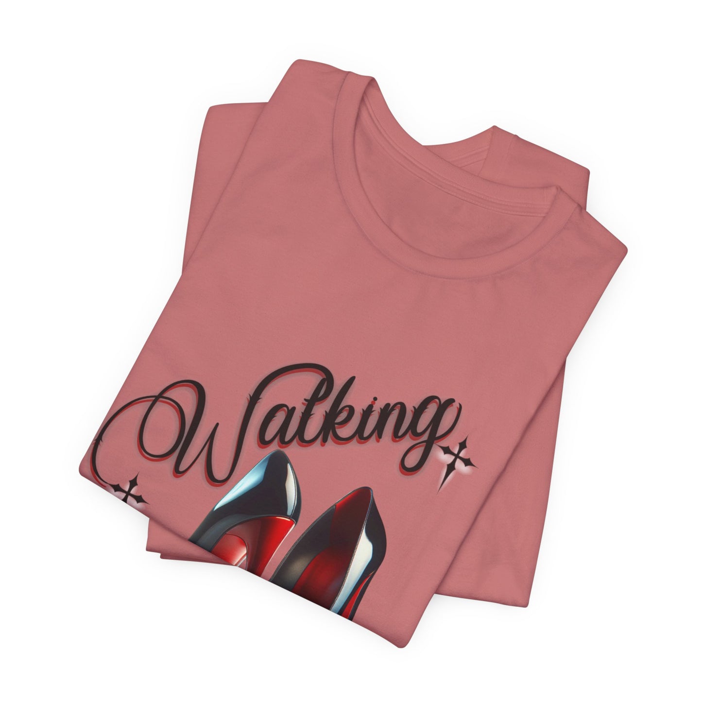 Walking by Faith Graphic Tee, Inspirational Unisex Jersey Short Sleeve T-Shirt, Faithful Footsteps in Red Bottom Shoes, Louboutin Shoe Graphic Religious Tee