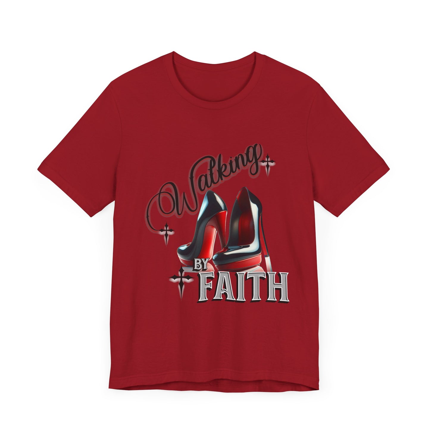 Walking by Faith Graphic Tee, Inspirational Unisex Jersey Short Sleeve T-Shirt, Faithful Footsteps in Red Bottom Shoes, Louboutin Shoe Graphic Religious Tee