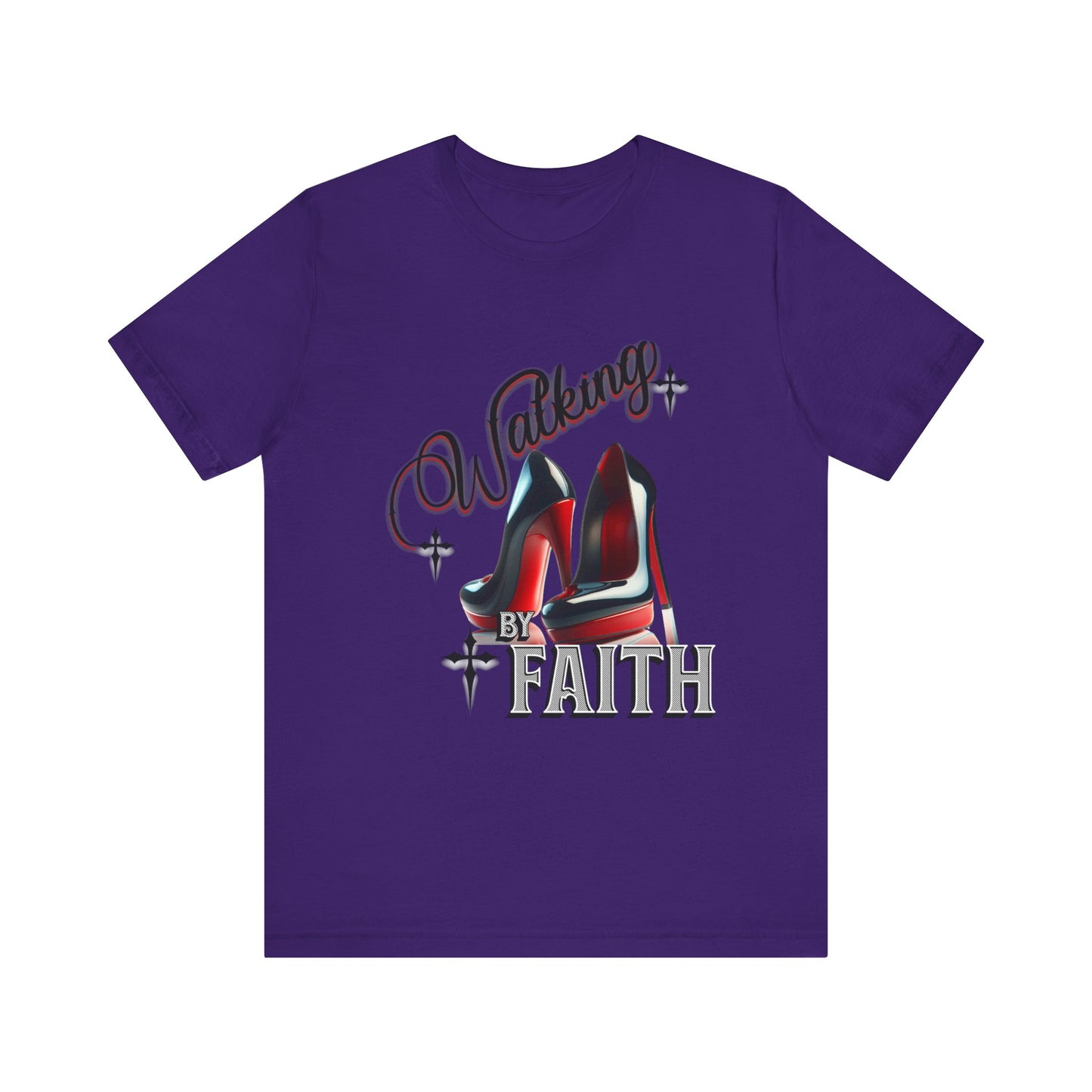 Walking by Faith Graphic Tee, Inspirational Unisex Jersey Short Sleeve T-Shirt, Faithful Footsteps in Red Bottom Shoes, Louboutin Shoe Graphic Religious Tee