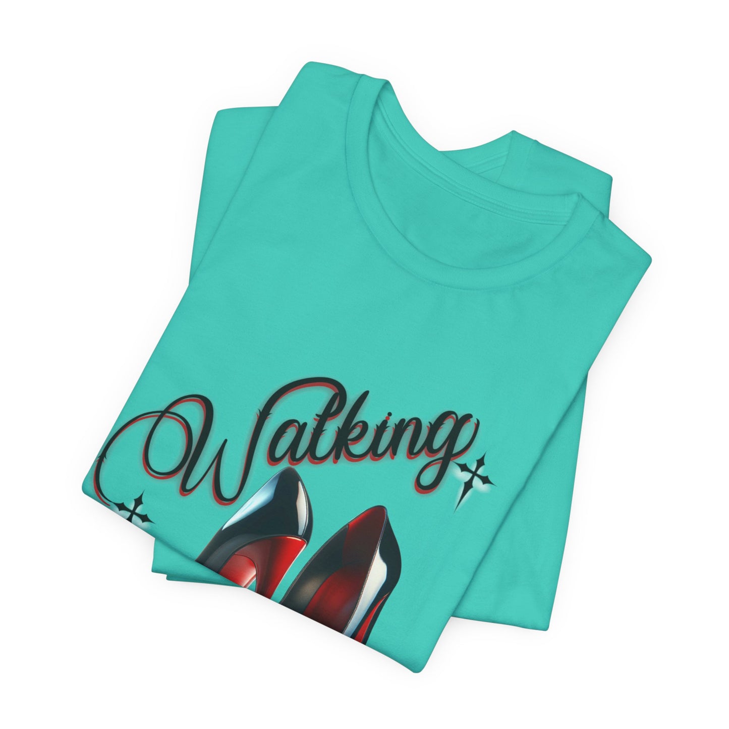 Walking by Faith Graphic Tee, Inspirational Unisex Jersey Short Sleeve T-Shirt, Faithful Footsteps in Red Bottom Shoes, Louboutin Shoe Graphic Religious Tee