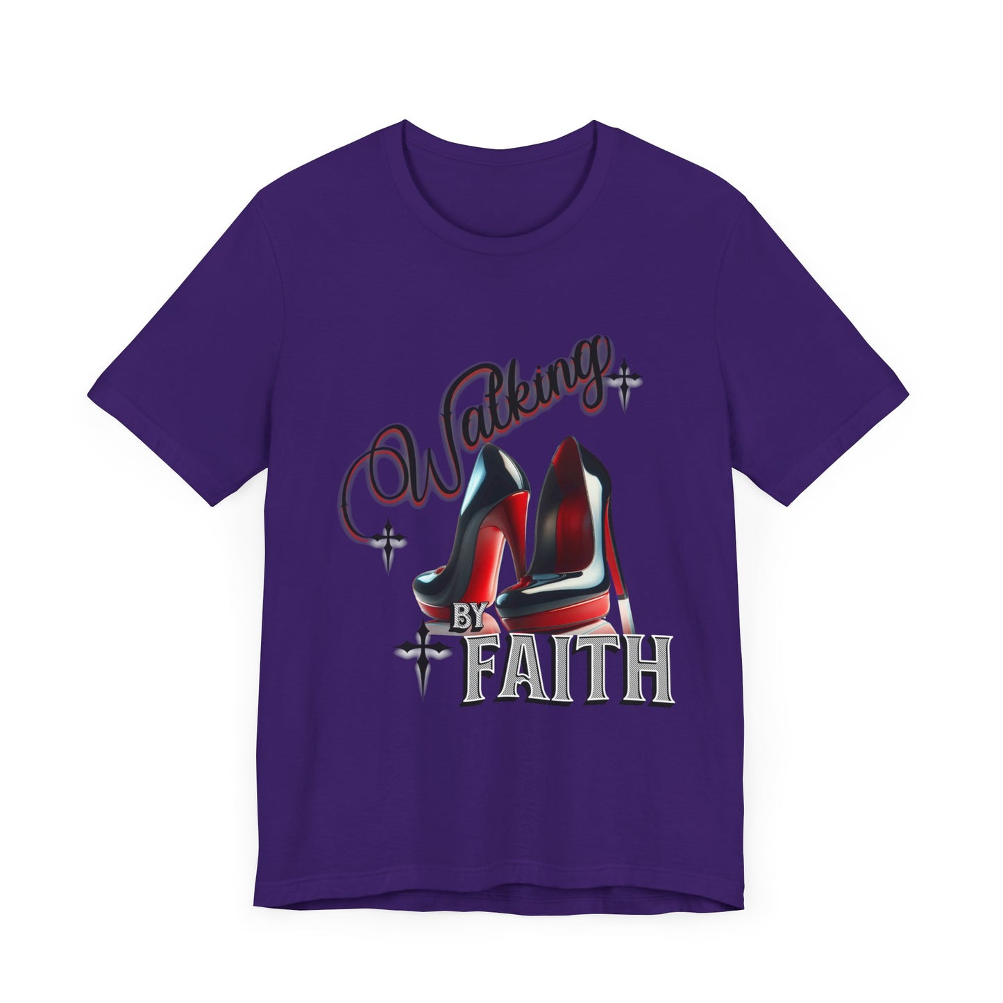 Walking by Faith Graphic Tee, Inspirational Unisex Jersey Short Sleeve T-Shirt, Faithful Footsteps in Red Bottom Shoes, Louboutin Shoe Graphic Religious Tee
