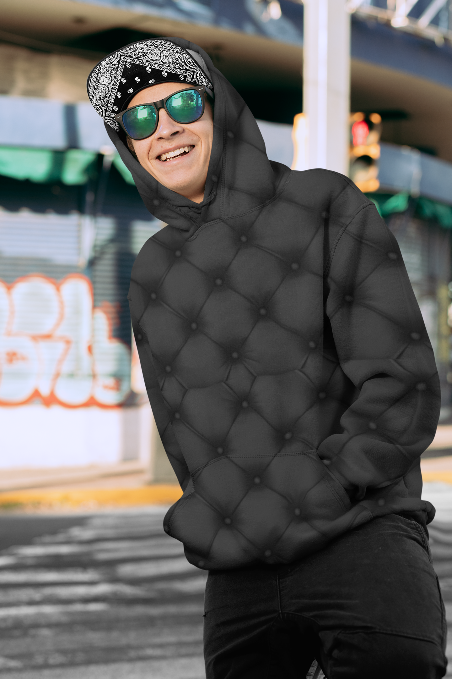 Unisex Full-Zip Black Quilted Print Hoodie, Hoodies for Men and Women with a Quilted Print,