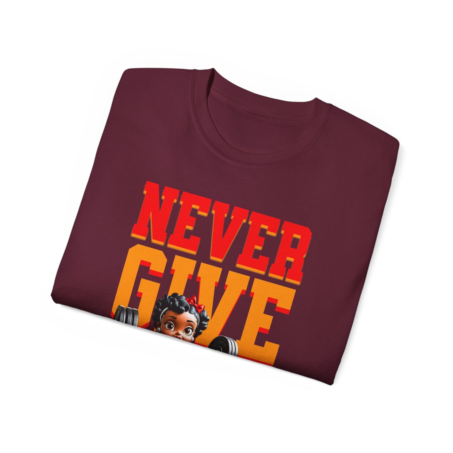 Women's Motivational Fitness Tee, Cute Betty Boop Workout Shirt, Ladies Gym Apparel, Never Give Up Shirt, Gift for Health Enthusiasts