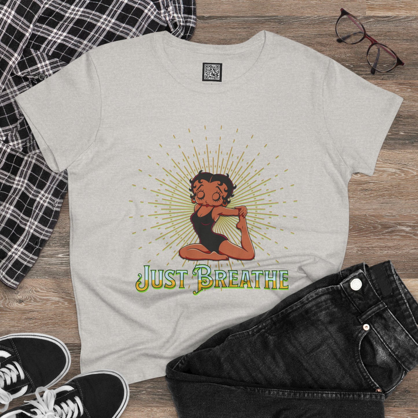 Just Breathe Betty Boop Women's Yoga Tee - Midweight Cotton Shirt for Relaxation and Mindfulness, Betty Boop Just Breathe T-Shirts