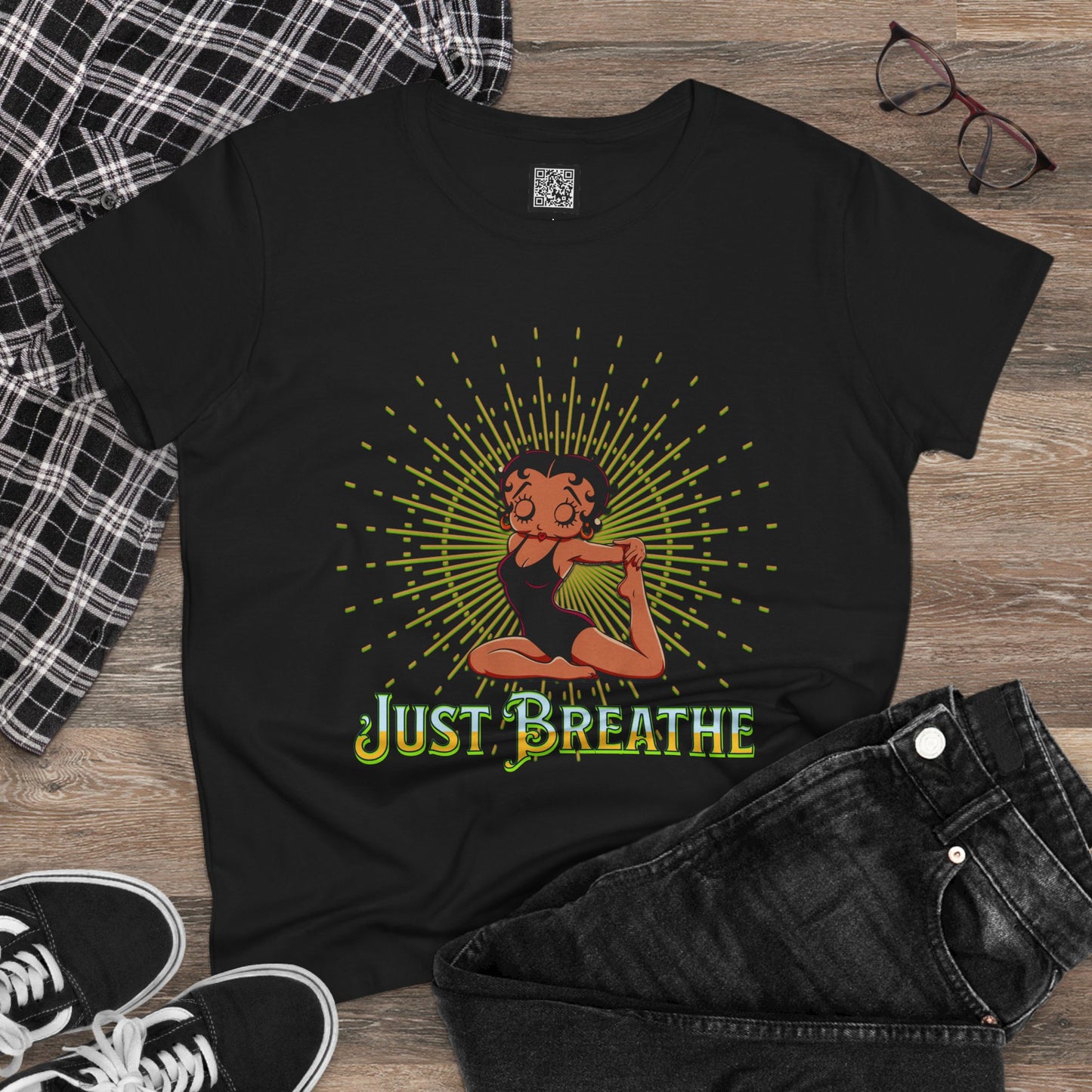 Just Breathe Betty Boop Women's Yoga Tee - Midweight Cotton Shirt for Relaxation and Mindfulness, Betty Boop Just Breathe T-Shirts