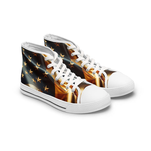 Patriotic High-Top Sneakers, Stylish Sneakers for Women, Gold Americana Footwear, Women Festival Shoes, Perfect for Summer Events
