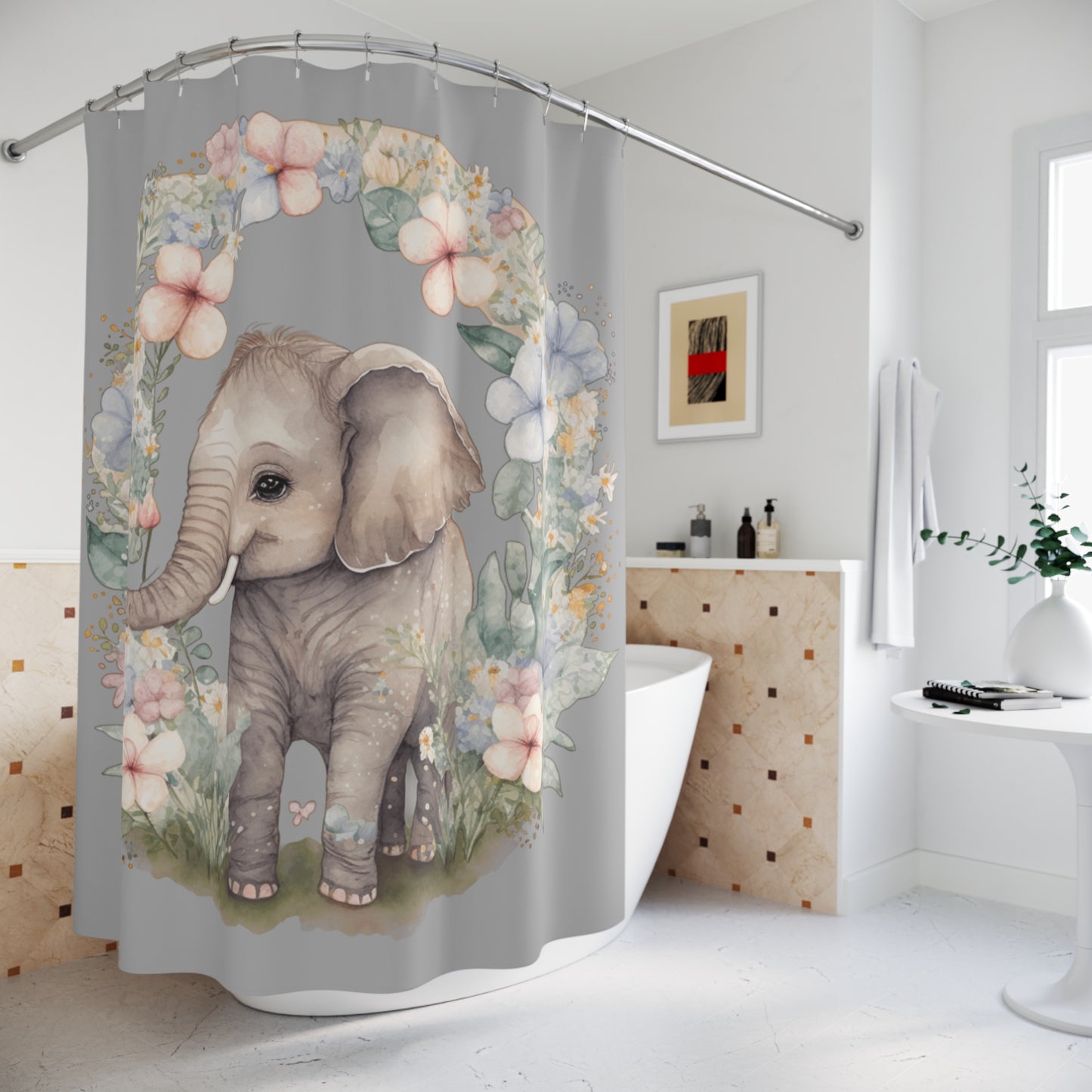Adorable Elephant Shower Curtain, Elephant Lover Shower Decorations, Floral Nursery Decor for Kids' Bathrooms, I Love Elephants Bath Accessories