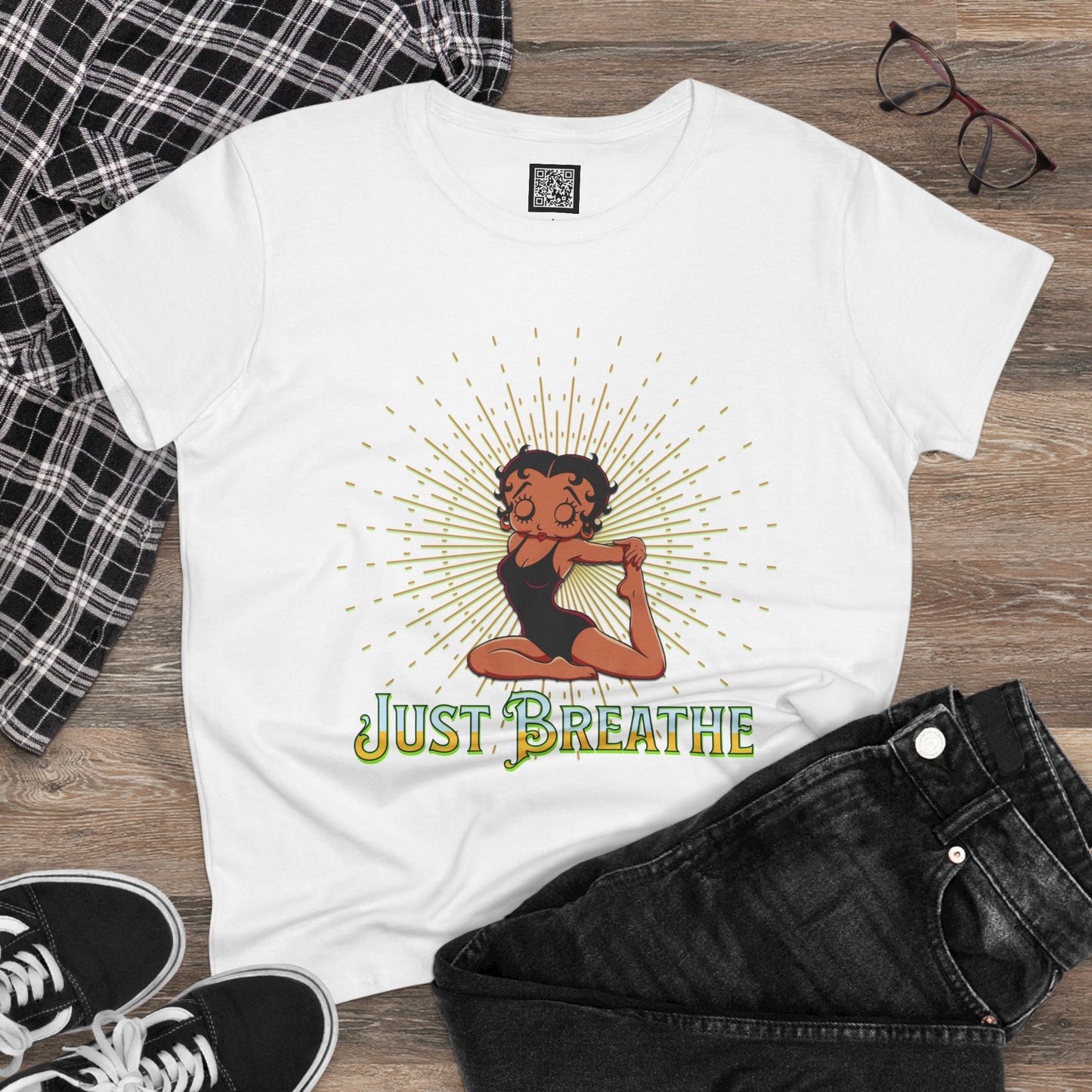 Just Breathe Betty Boop Women's Yoga Tee - Midweight Cotton Shirt for Relaxation and Mindfulness, Betty Boop Just Breathe T-Shirts