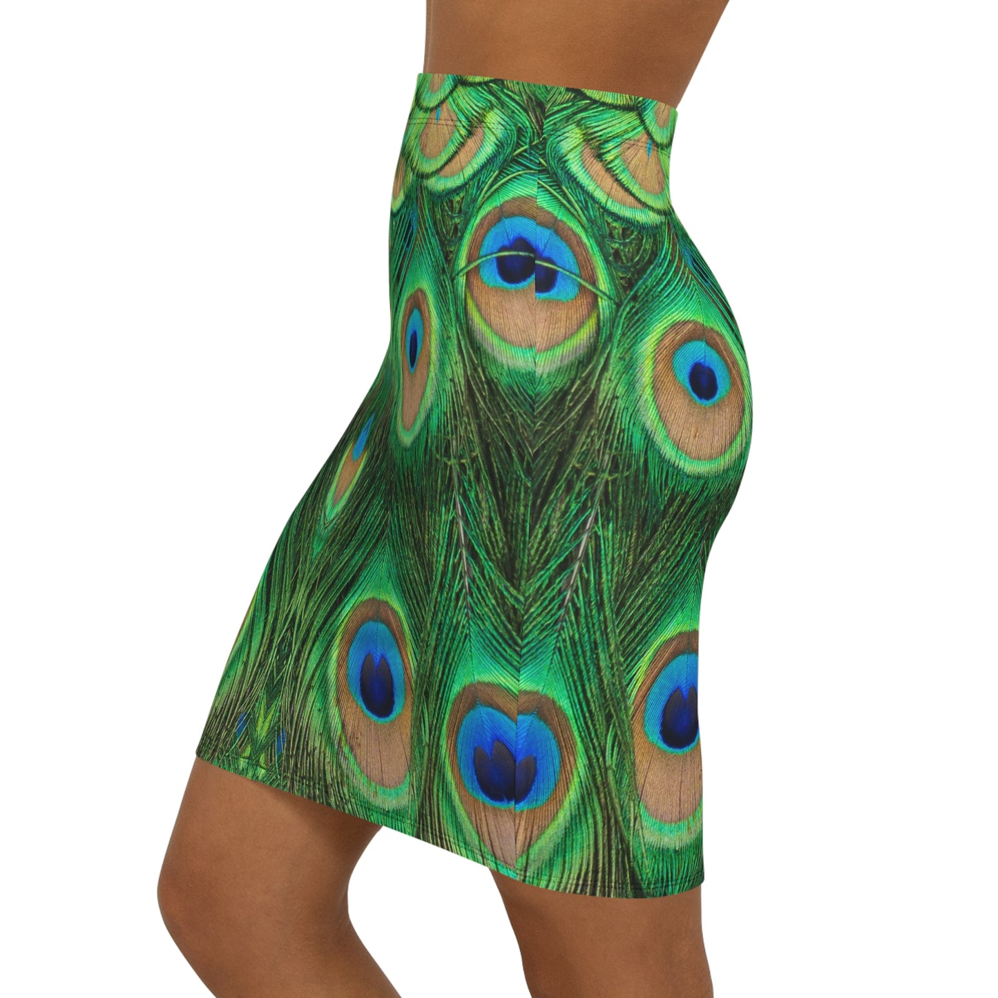 Peacock Print Women's Mid-Waist Pencil Skirt, Stylish Peacock Print & Vibrant Fashion for Women, Peacock Lover Merch