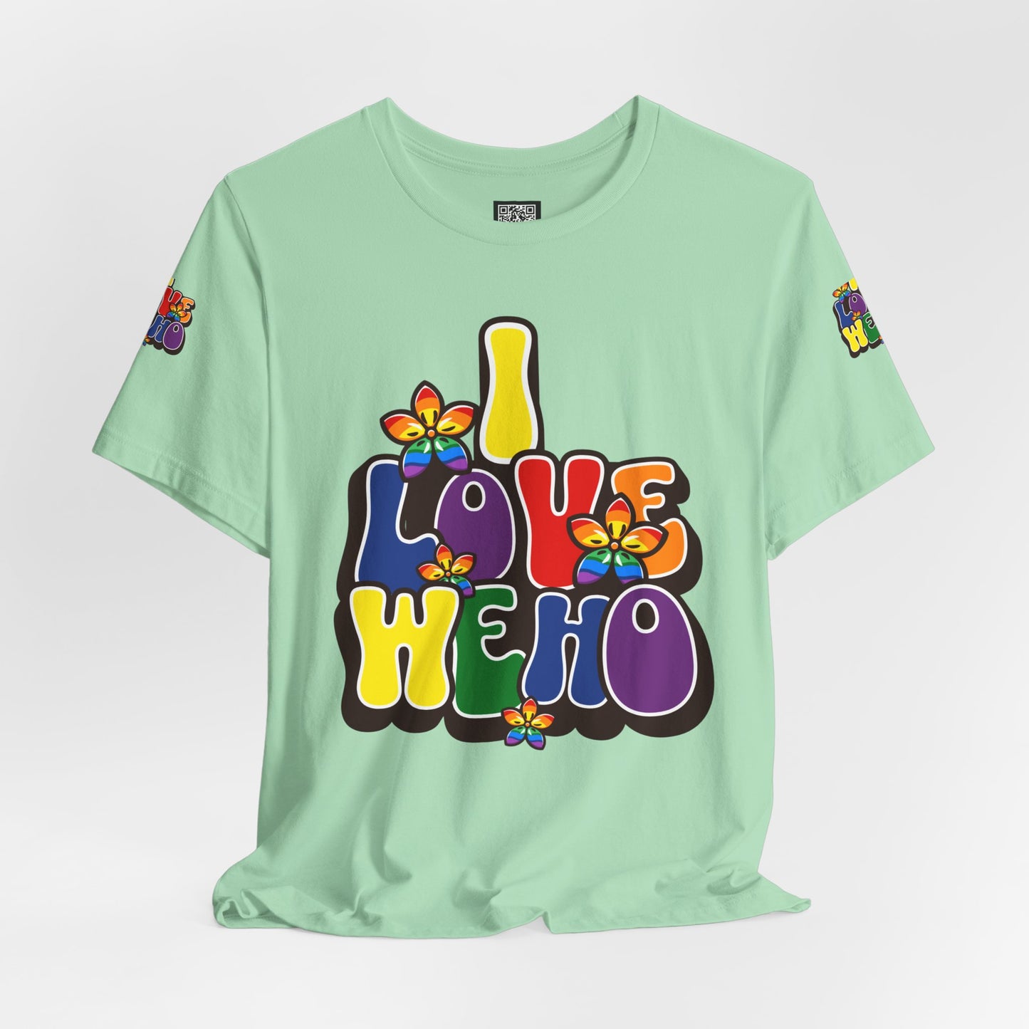 Colorful LGBTQ+ Love Short Sleeve Tee, Pride T-Shirt, I Love WeHo, Pride Festival Merchandise, Gift for Friends, Unisex Graphic Tee