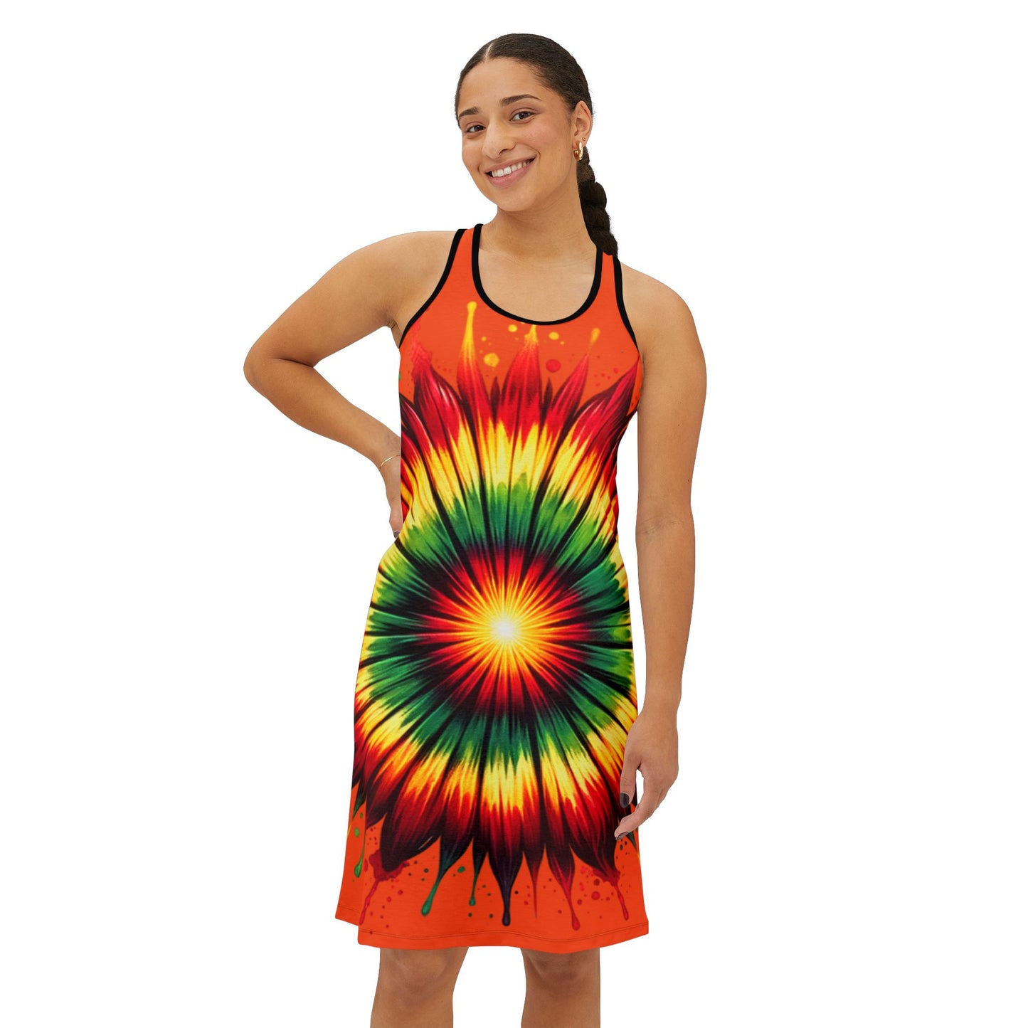 Vibrant Tie-Dye Racerback Dress, Summer Fashion, Beach Cover-Up, Festival Outfit, Boho Style Dress, Unique Gift Idea, Juneteenth Dress