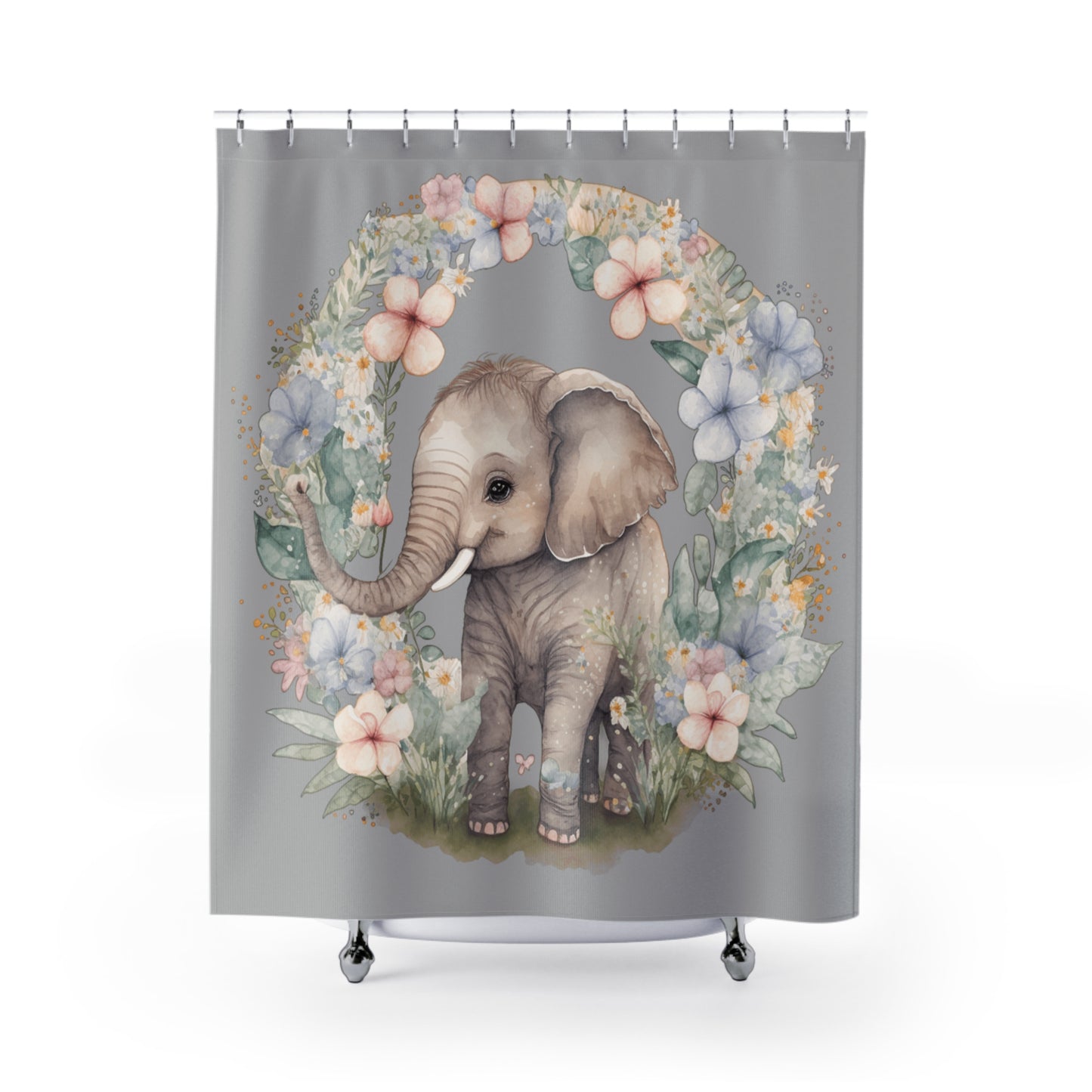 Adorable Elephant Shower Curtain, Elephant Lover Shower Decorations, Floral Nursery Decor for Kids' Bathrooms, I Love Elephants Bath Accessories