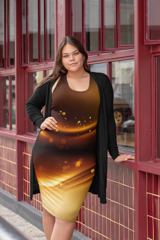Women's Gold and Brown Print Racerback Dress, Cute Comfortable Women's T-Shirt Dress, From Casual to Corporate T-Shirt Dress