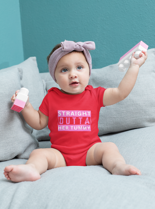 Straight Outta Her Tummy Infant Girls Fine Jersey Bodysuit, Funny Baby Onesies, Cute Baby Girl Onesie from 0-24 Months, Onesies for Girls, Cute Baby Shower Gift