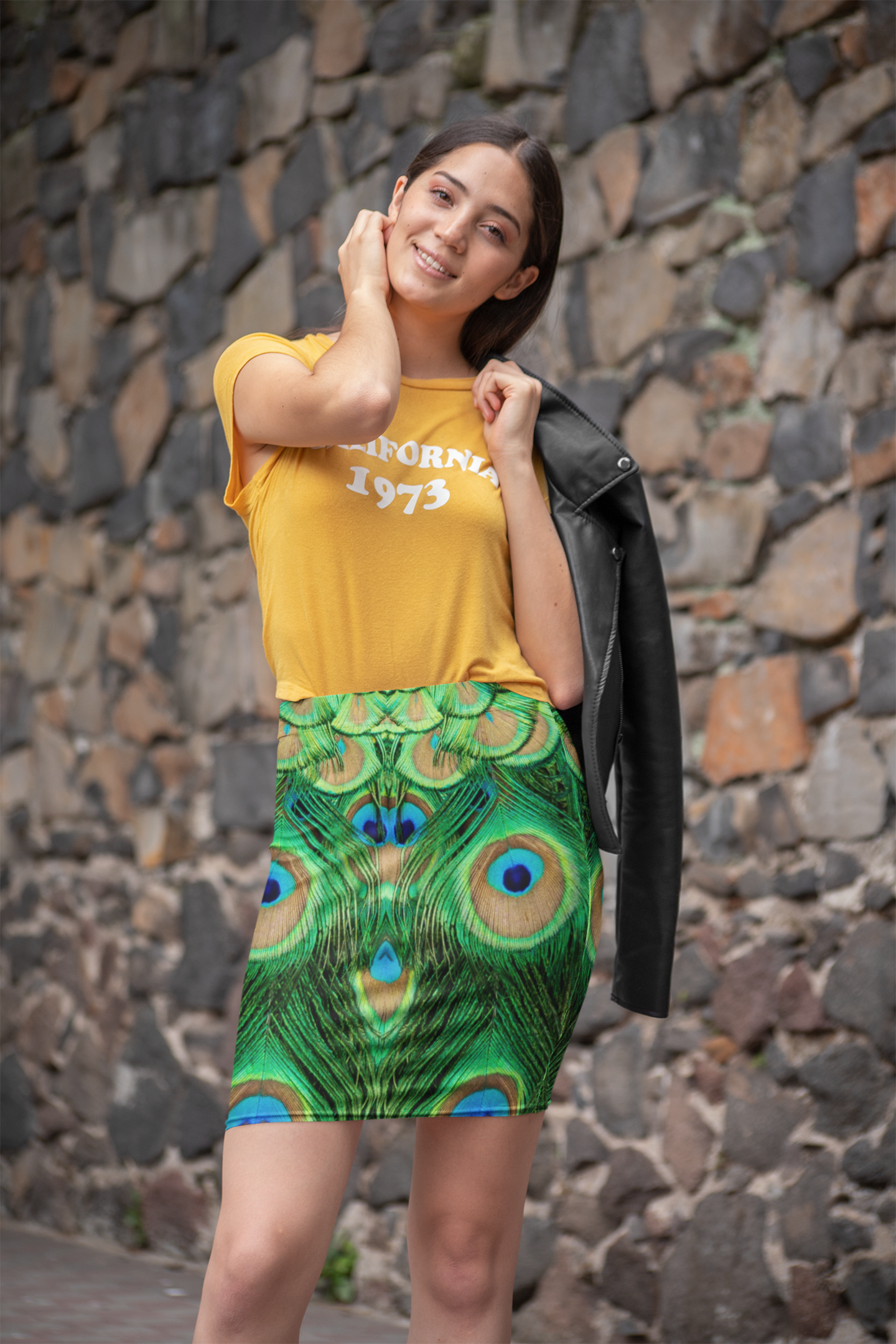 Peacock Print Women's Mid-Waist Pencil Skirt, Stylish Peacock Print & Vibrant Fashion for Women, Peacock Lover Merch