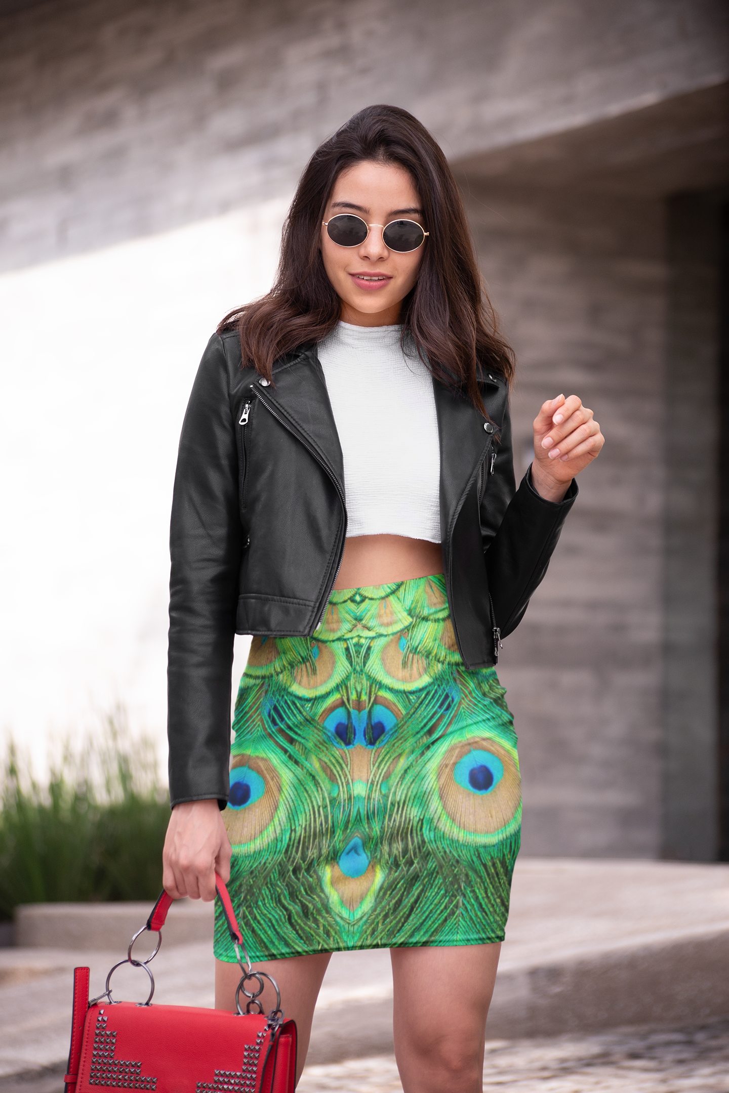 Peacock Print Women's Mid-Waist Pencil Skirt, Stylish Peacock Print & Vibrant Fashion for Women, Peacock Lover Merch