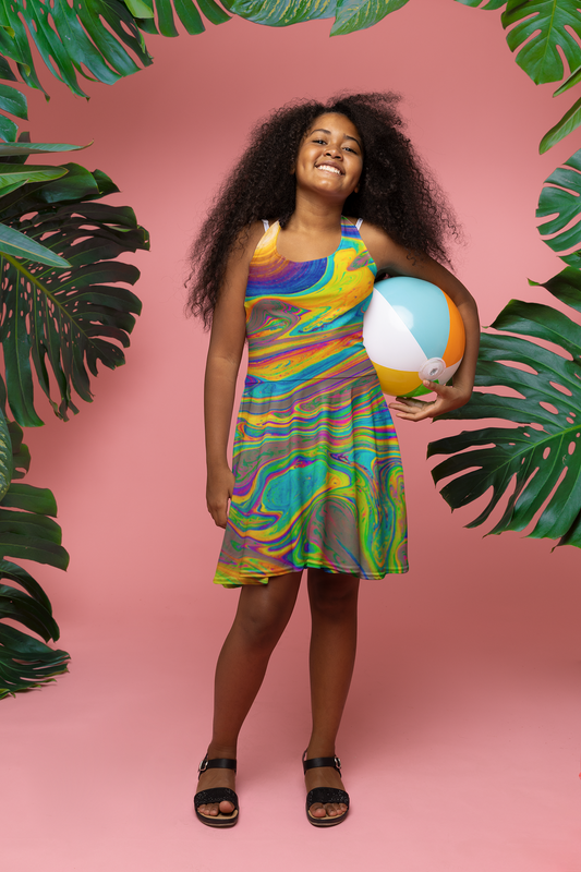 Colorful Girls' Sleeveless Sundress - Vibrant Abstract Print for Summer Fun, Beautiful Colorful Sundress Sizes 2T to XL