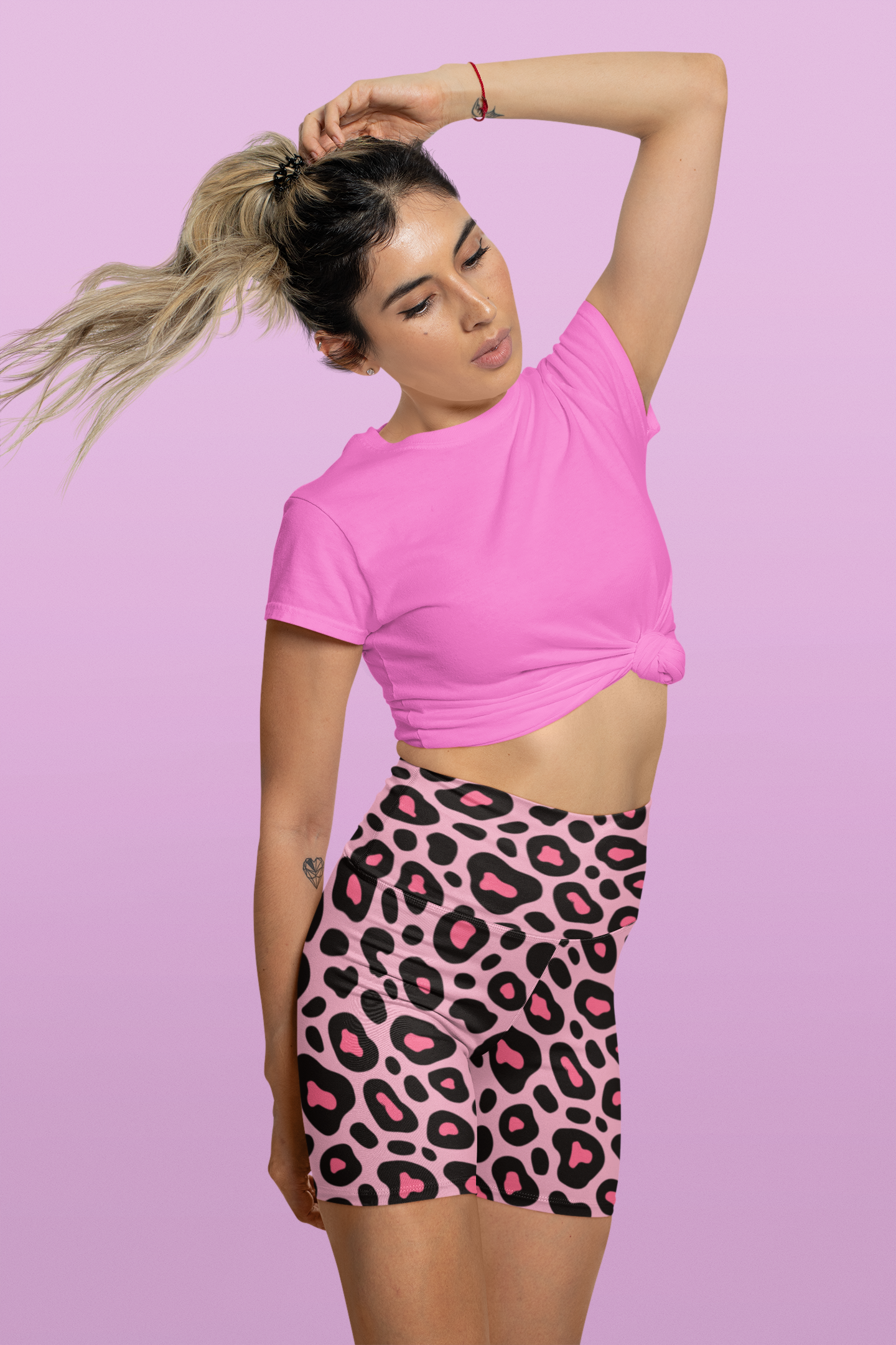 Bold Leopard Print Women's Workout Shorts - Stylish Athletic Wear, Pink and Black Leopard Print Yoga Shorts, Matching Sports Bra Sold Separately