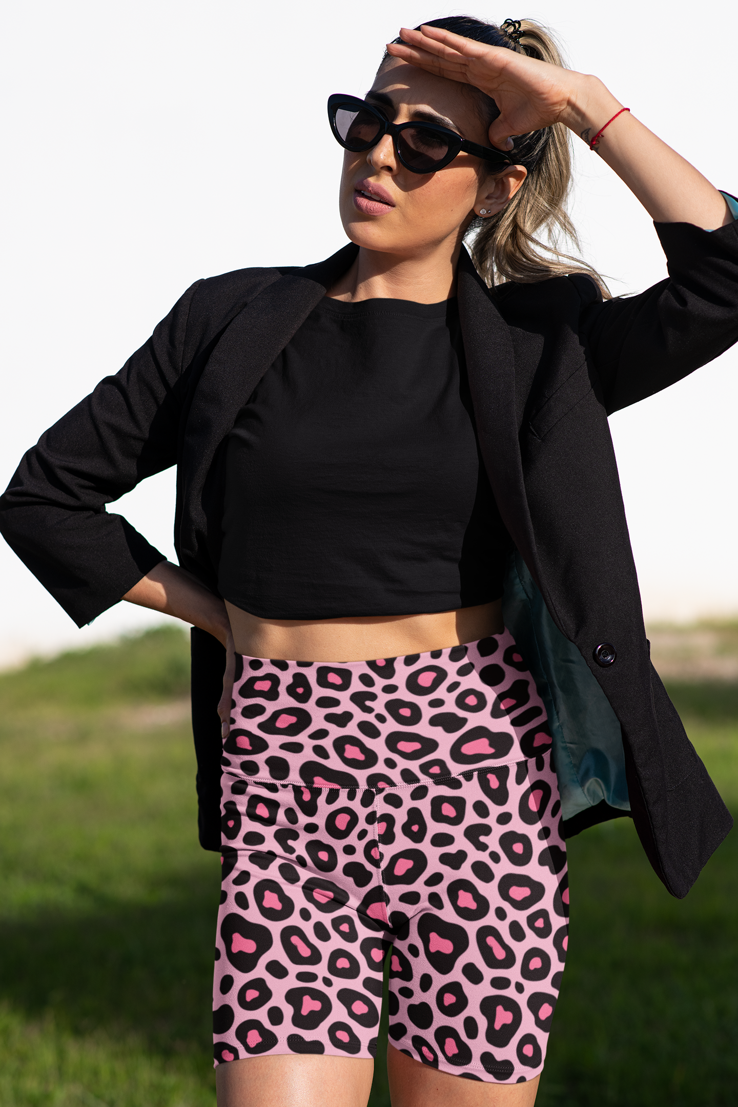 Bold Leopard Print Women's Workout Shorts - Stylish Athletic Wear, Pink and Black Leopard Print Yoga Shorts, Matching Sports Bra Sold Separately