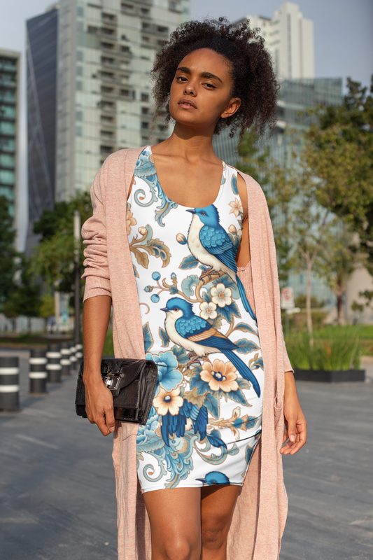 Bohemian Blue Bird Floral Racerback Dress, Summer Dress, Casual Sundress, Vacation Outfit, Unique Gift for Her, Stylish Day Dress