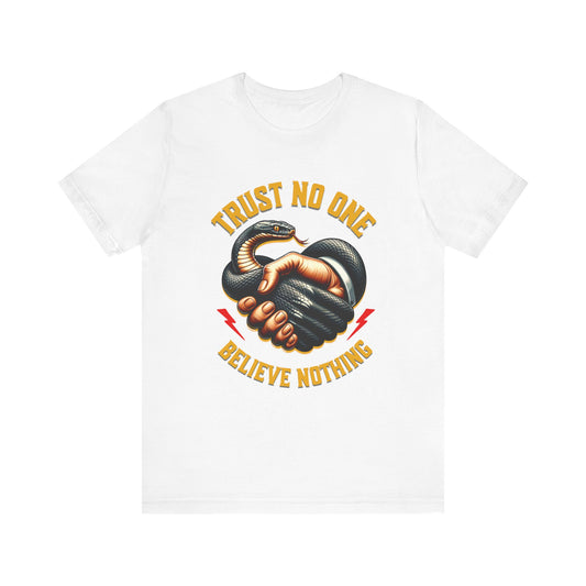 Trust No One, Bold Snake Handshake Design, Unisex Democracy T-Shirts, Goth Snake Image Shirt, Snake Image Shirt for Snake Lovers
