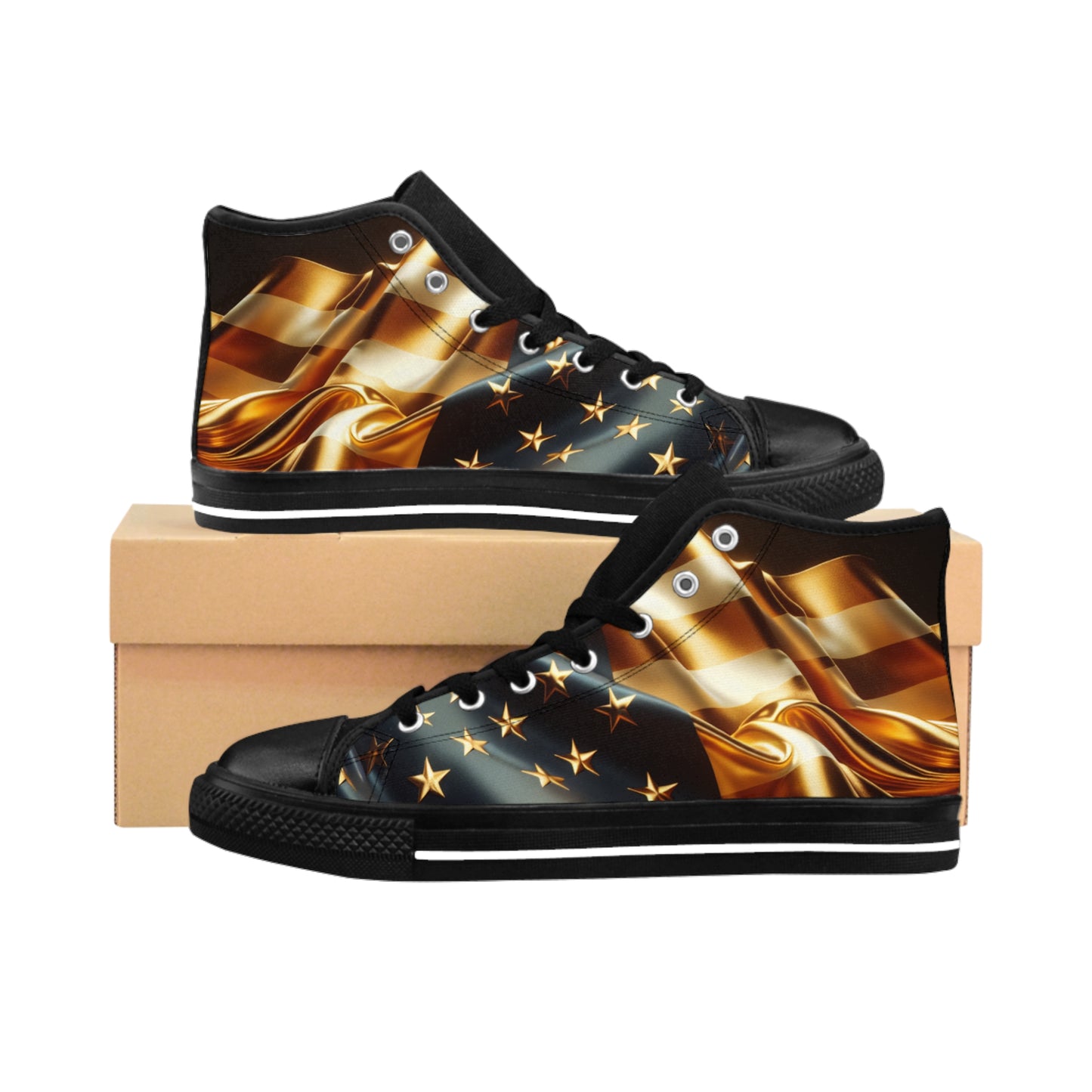 Classic Women's Sneakers with Golden Flag Design, Stylish High Tops for Casual Wear, Trendy Footwear, Perfect for Holidays, Gifts