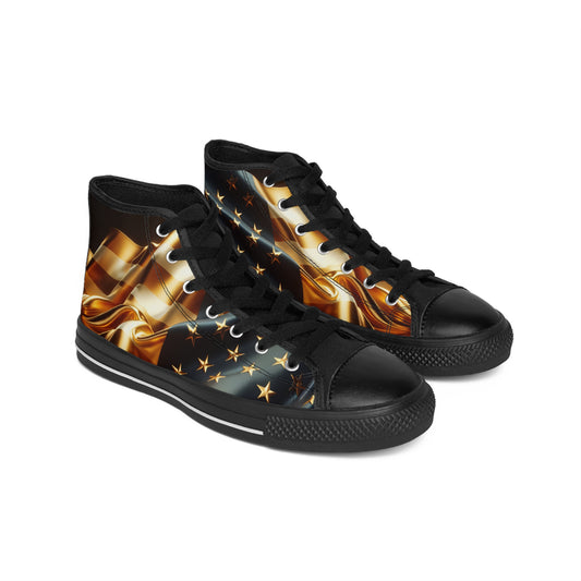 Classic Women's Sneakers with Golden Flag Design, Stylish High Tops for Casual Wear, Trendy Footwear, Perfect for Holidays, Gifts
