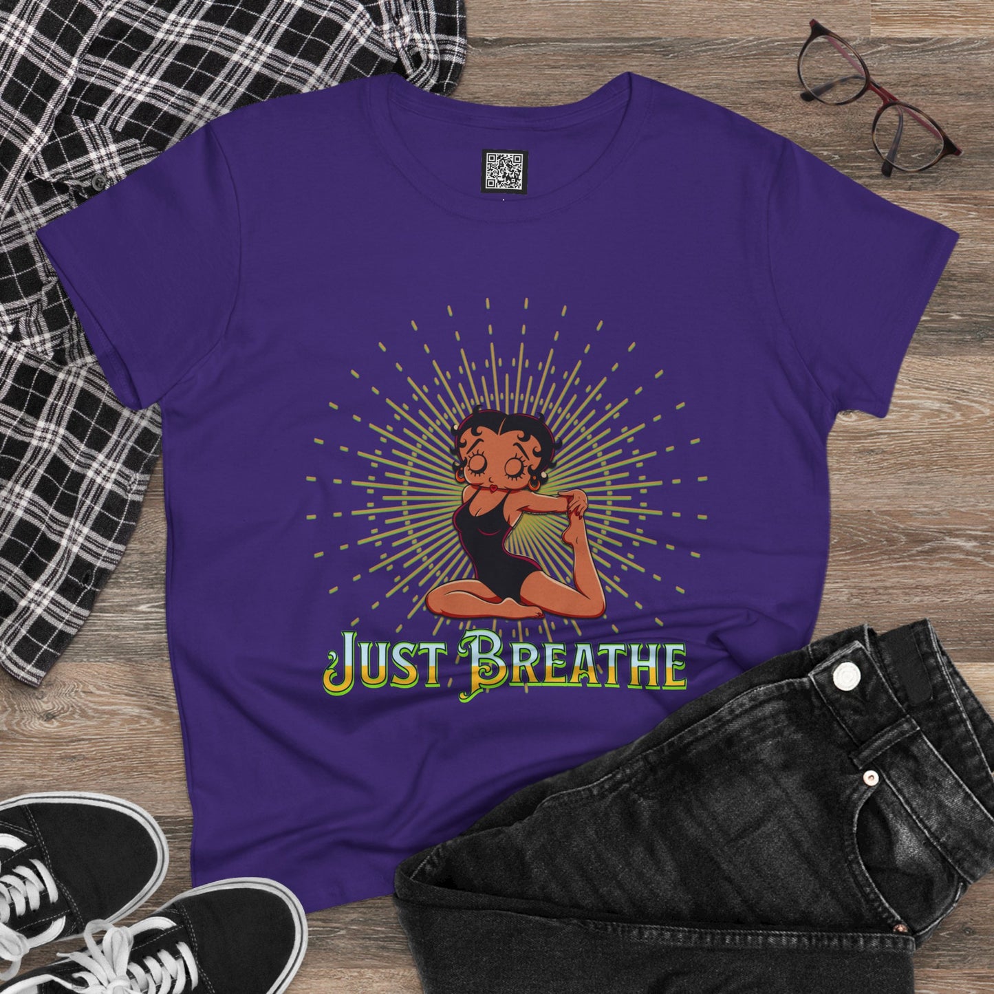 Just Breathe Betty Boop Women's Yoga Tee - Midweight Cotton Shirt for Relaxation and Mindfulness, Betty Boop Just Breathe T-Shirts