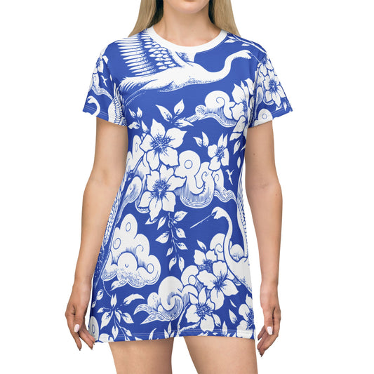 Elegant Floral Crane T-Shirt Dress | Boho Fashion, Casual Wear, Summer Dress, Beach Outfit, Gift for Her