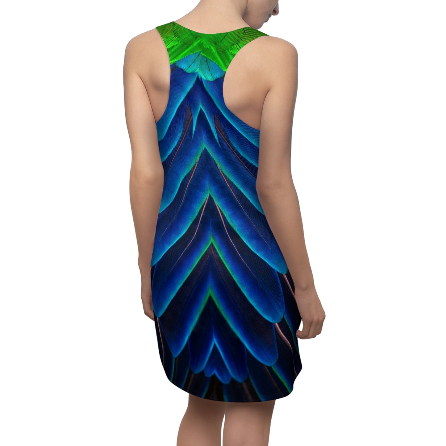 Vibrant Peacock Feather-Print Racerback Dress for Summer Fun, Peacock Lovers Dress for Women Sizes XS to 2XL, Cute Sundress for Women
