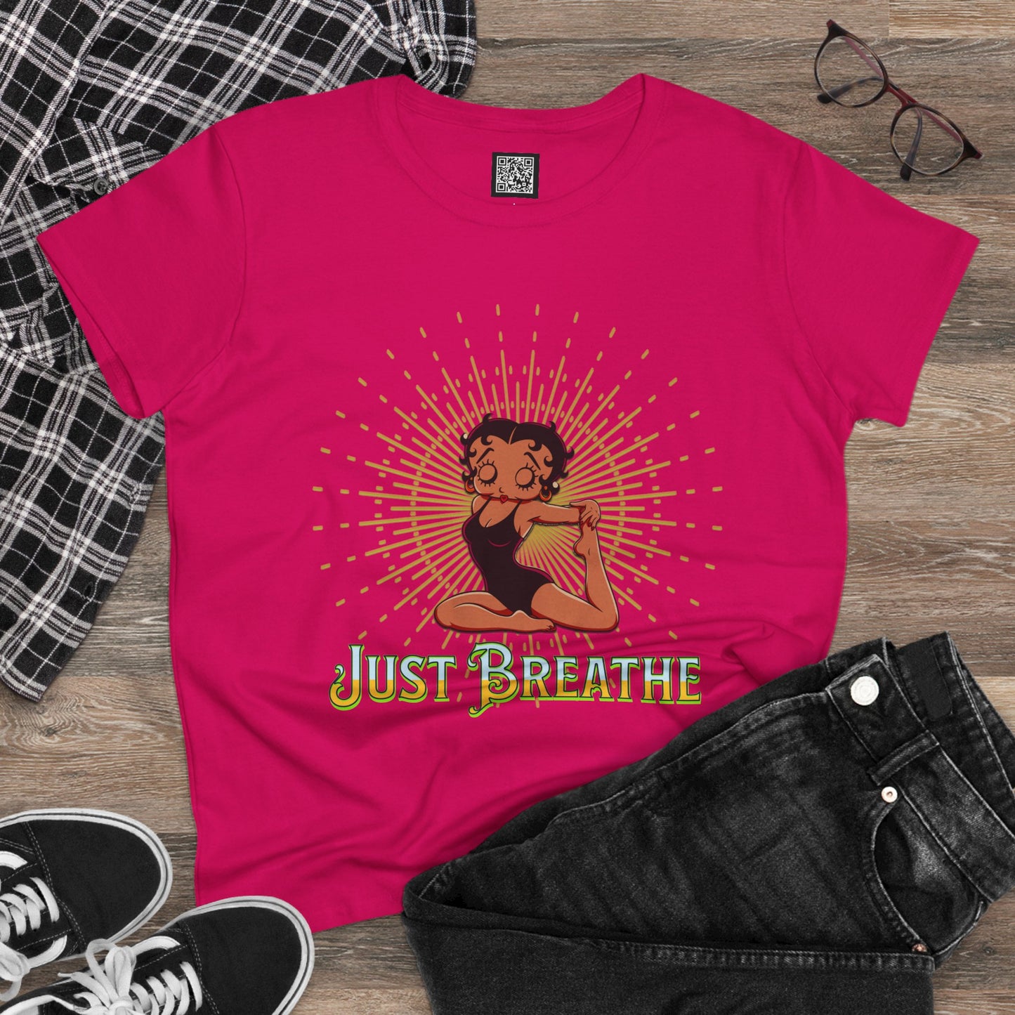 Just Breathe Betty Boop Women's Yoga Tee - Midweight Cotton Shirt for Relaxation and Mindfulness, Betty Boop Just Breathe T-Shirts