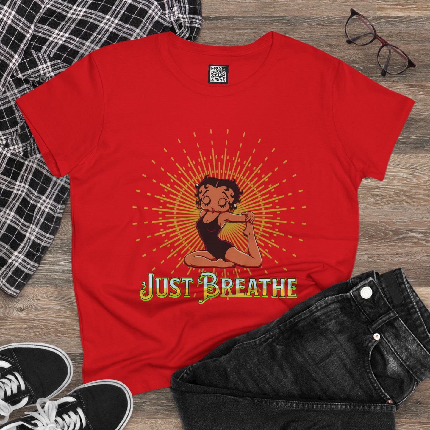 Just Breathe Betty Boop Women's Yoga Tee - Midweight Cotton Shirt for Relaxation and Mindfulness, Betty Boop Just Breathe T-Shirts