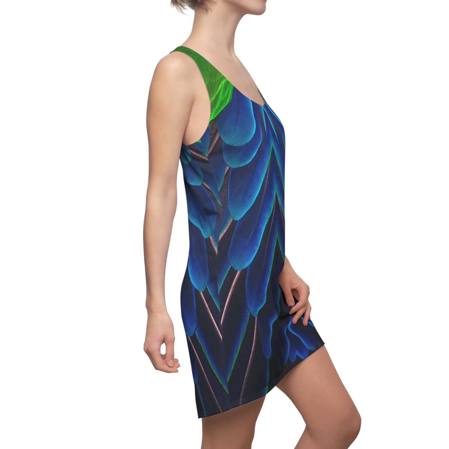 Vibrant Peacock Feather-Print Racerback Dress for Summer Fun, Peacock Lovers Dress for Women Sizes XS to 2XL, Cute Sundress for Women