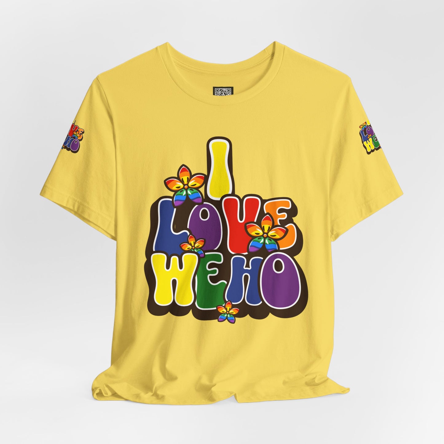 Colorful LGBTQ+ Love Short Sleeve Tee, Pride T-Shirt, I Love WeHo, Pride Festival Merchandise, Gift for Friends, Unisex Graphic Tee