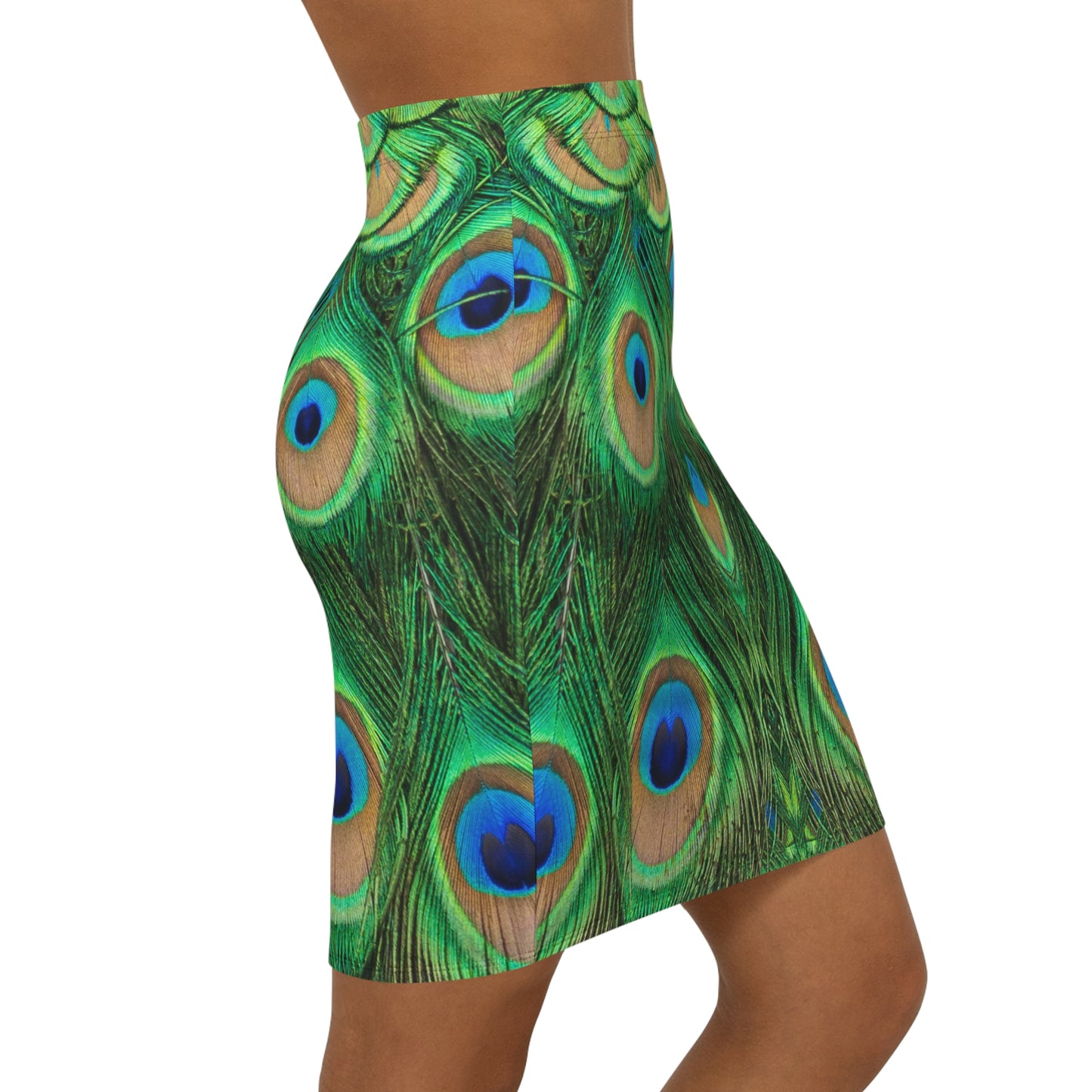 Peacock Print Women's Mid-Waist Pencil Skirt, Stylish Peacock Print & Vibrant Fashion for Women, Peacock Lover Merch